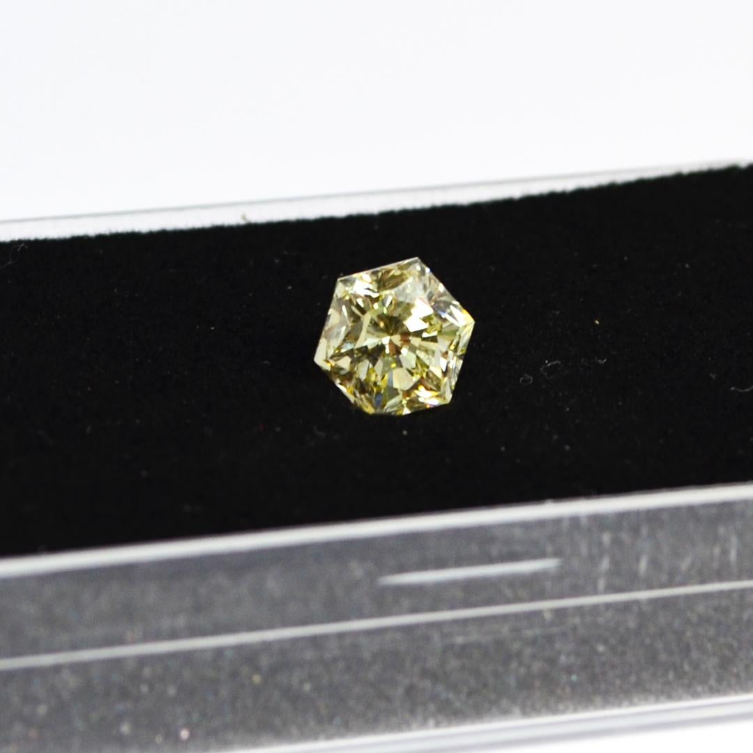 GIA Certified Diamond 2.18ct Fancy Light Yellow VVS2 
Hexagon Diamond with very good symmetry for great Sparkle and Fire! 

Hexagon Shapes in Asian Culture symbolize Longevity, Wealth, Luck as well as quick and healthy growth. 
The Hexagon also