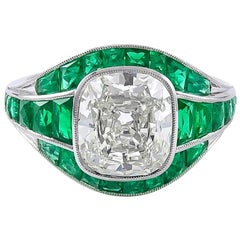 GIA Certified Diamond 2.87 Carat and Gorgeous Emerald Art Deco Style Ring