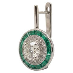 GIA Certified Diamond and Emerald Double Halo 18k White Gold Dangle Earrings
