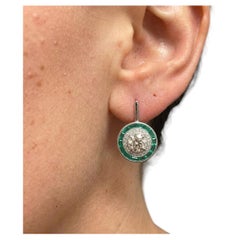 GIA Certified Diamond and Emerald Double Halo 18k White Gold Dangle Earrings