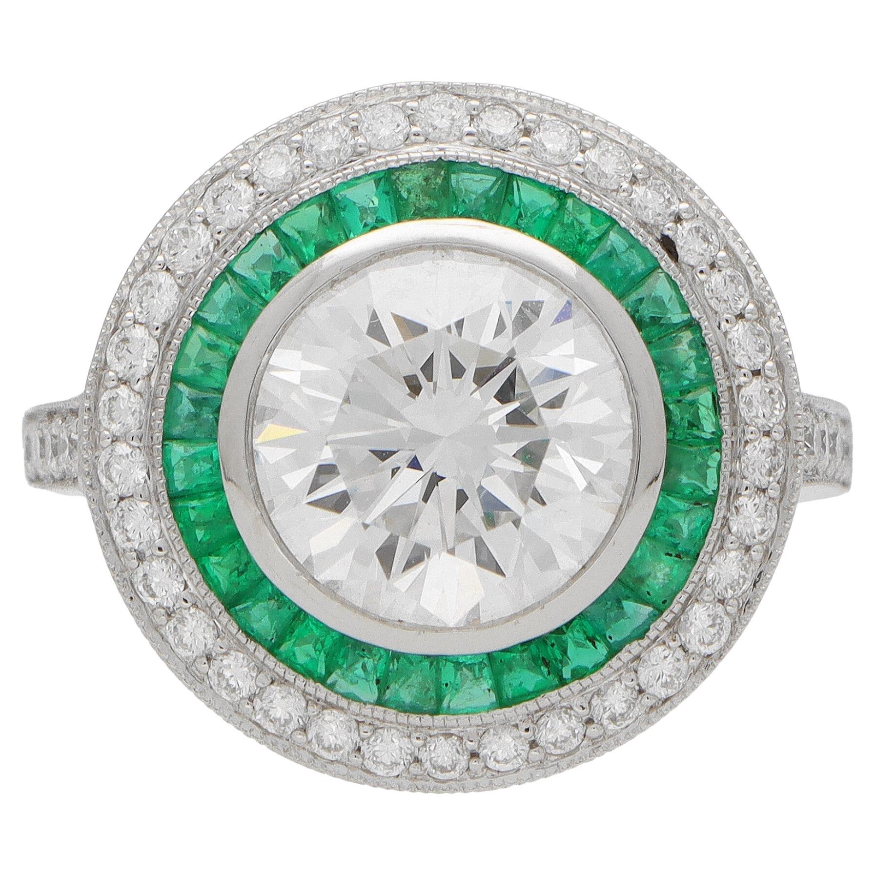 GIA Certified Diamond and Emerald Double Target Ring in Platinum