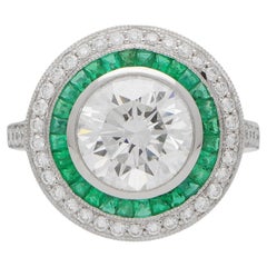 Bague double cible en platine, diamant et émeraude certifiés GIA