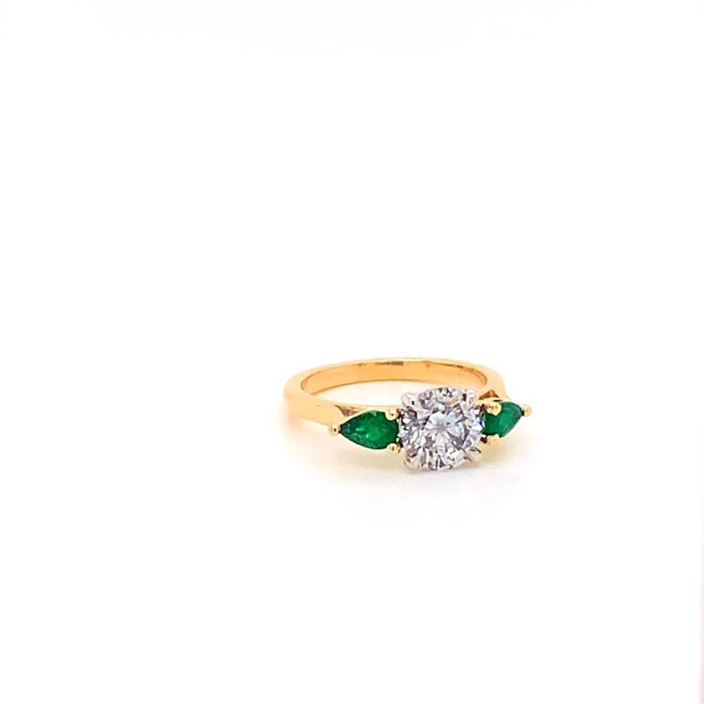 For Sale:  GIA Certified Diamond and Pear Shaped Emerald Ring in Yellow Gold and Platinum 2