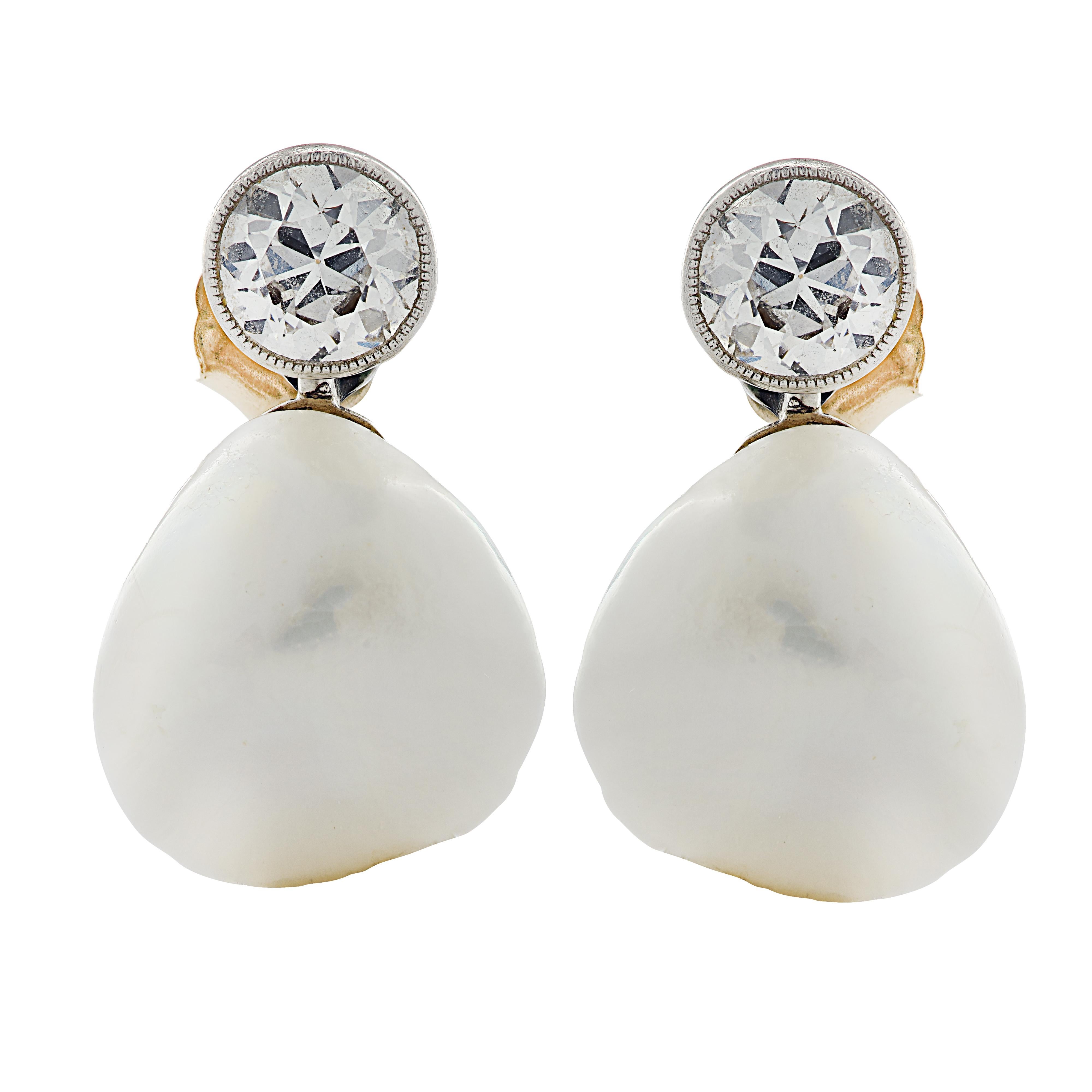 Art Deco GIA Certified Diamond and Pearl Earrings