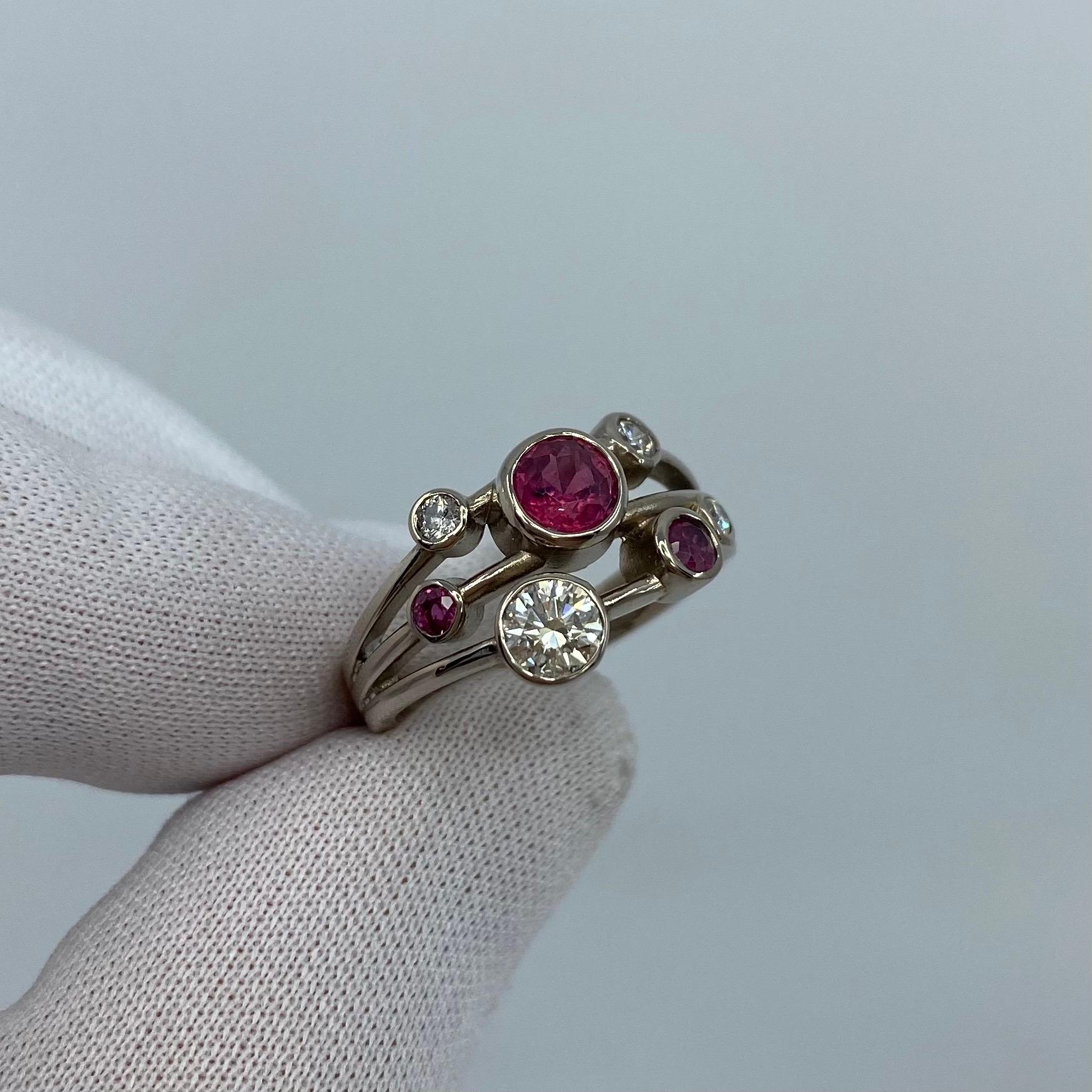 GIA Certified Diamond and Ruby Raindance Style 18 Karat White Gold Handmade Ring In New Condition For Sale In Birmingham, GB
