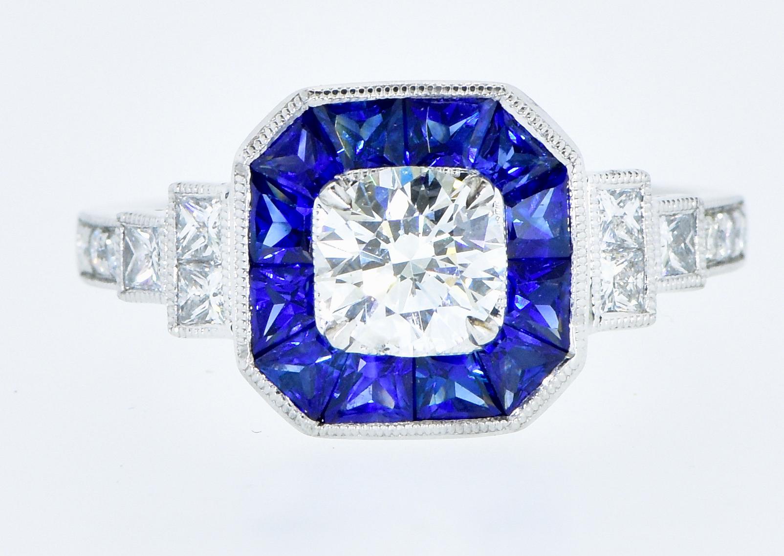 Brilliant Cut GIA Certified Diamond and Sapphire Fine White Gold Ring For Sale