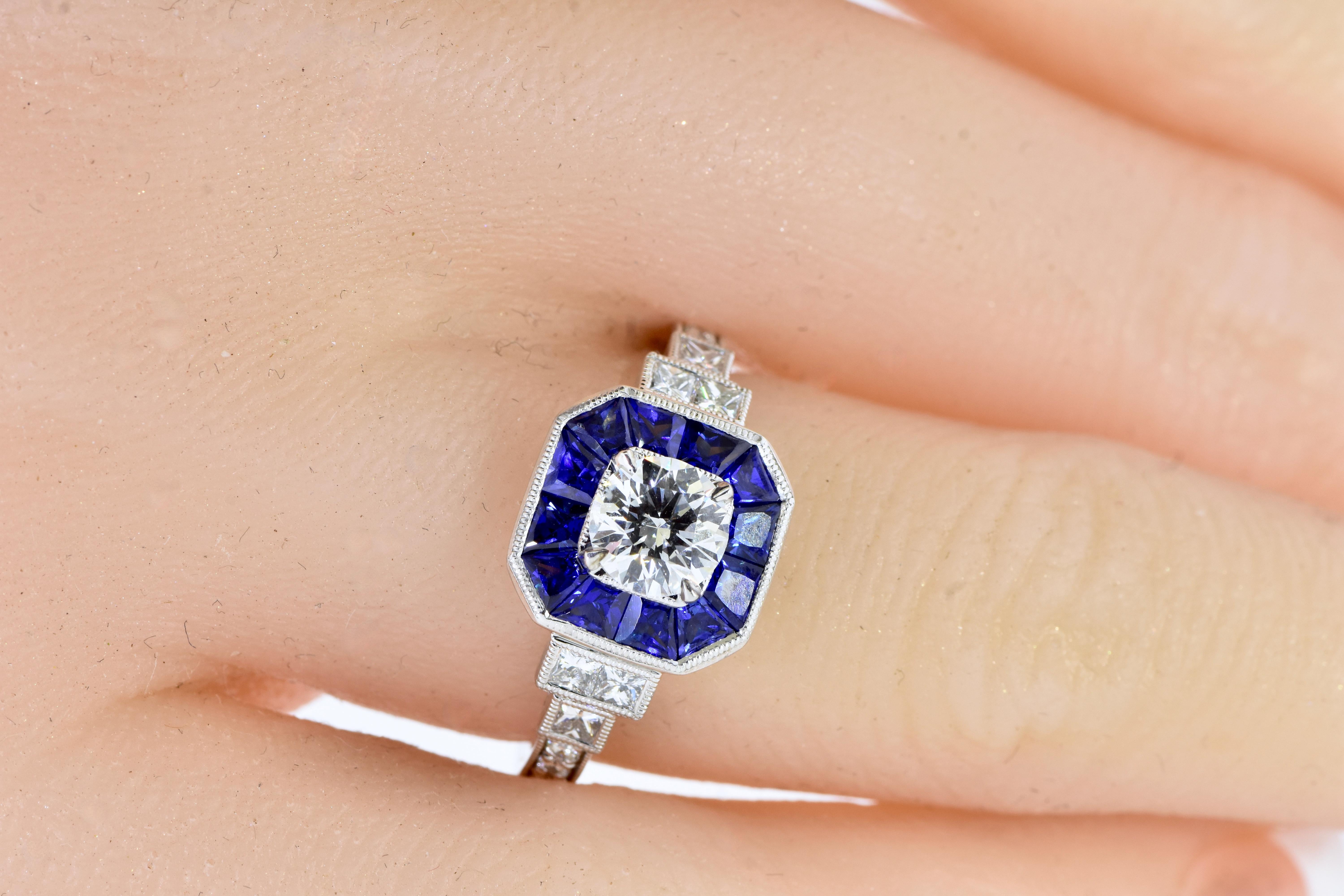 Women's or Men's GIA Certified Diamond and Sapphire Fine White Gold Ring.