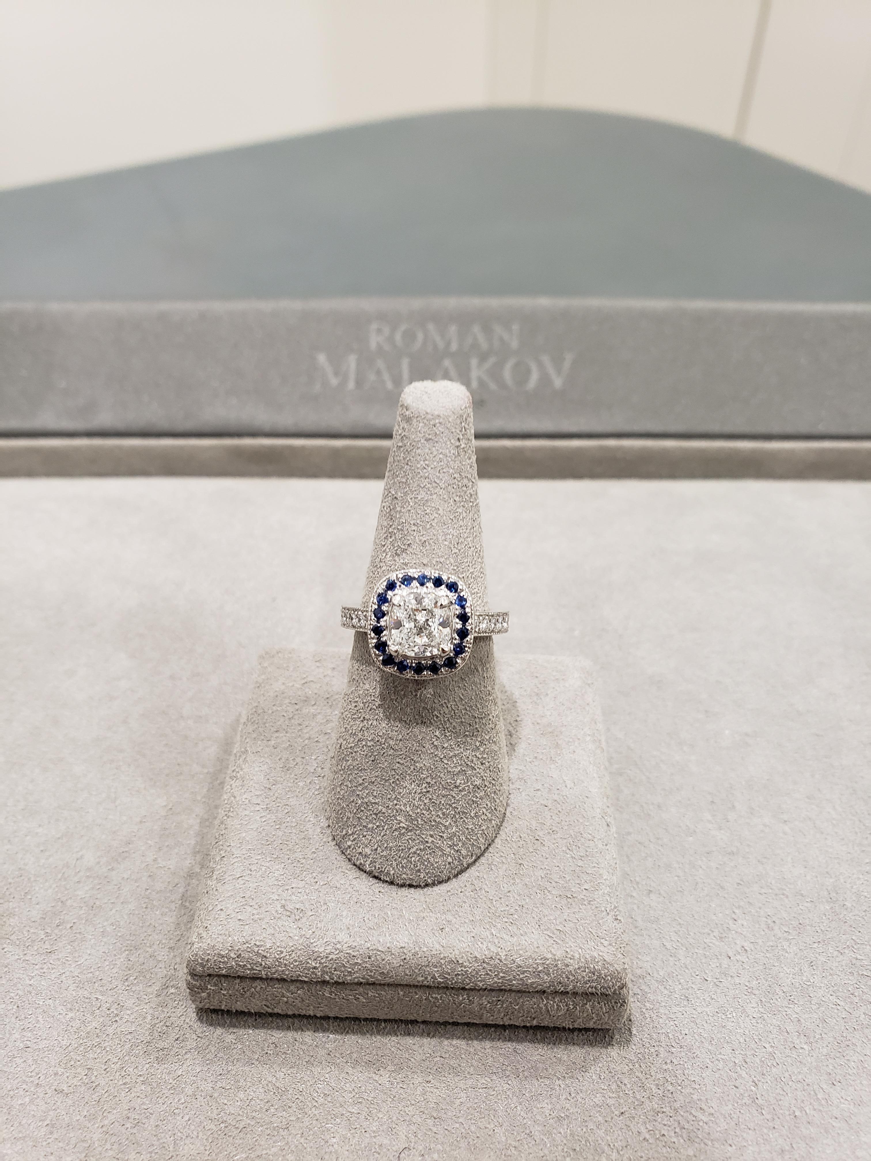 GIA Certified 1.42 Carat Cushion Cut Diamond with Sapphire Halo Engagement Ring  In Excellent Condition For Sale In New York, NY