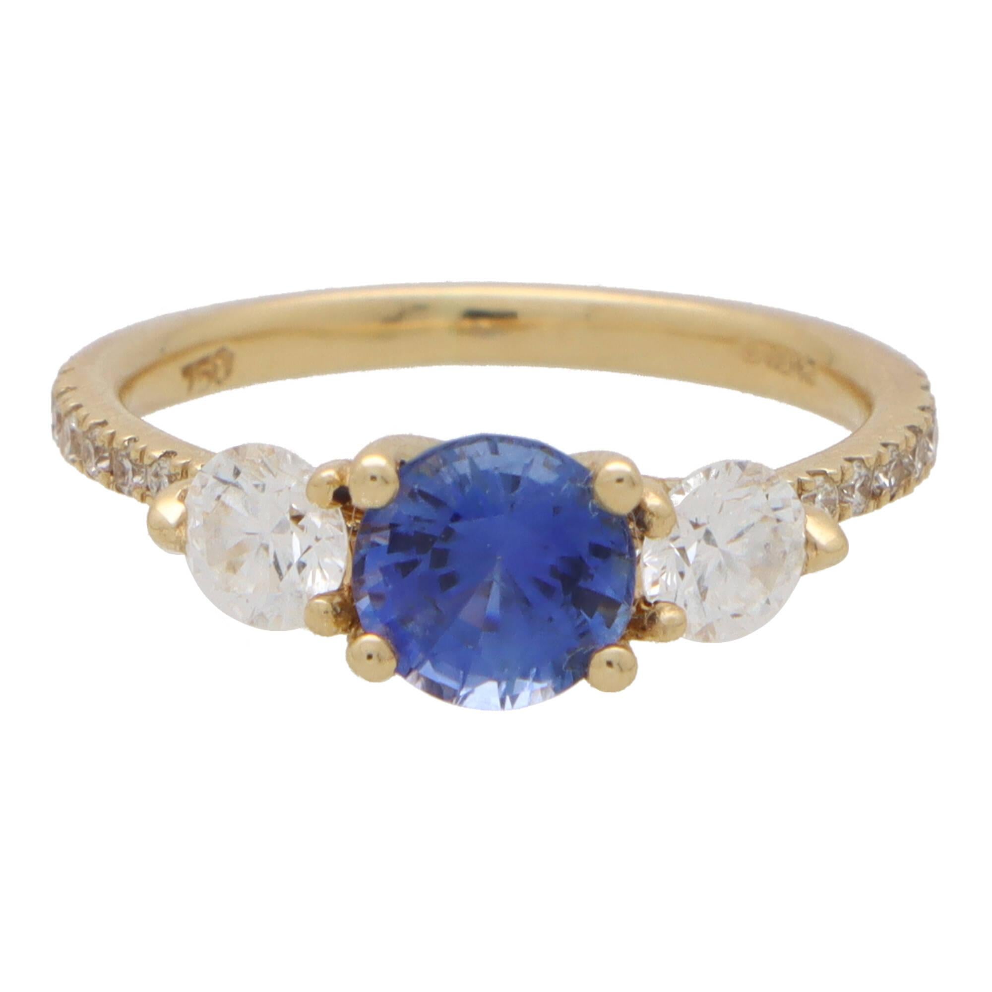 Modern GIA Certified Diamond and Sapphire Ring With Diamond Shoulders in Yellow Gold For Sale