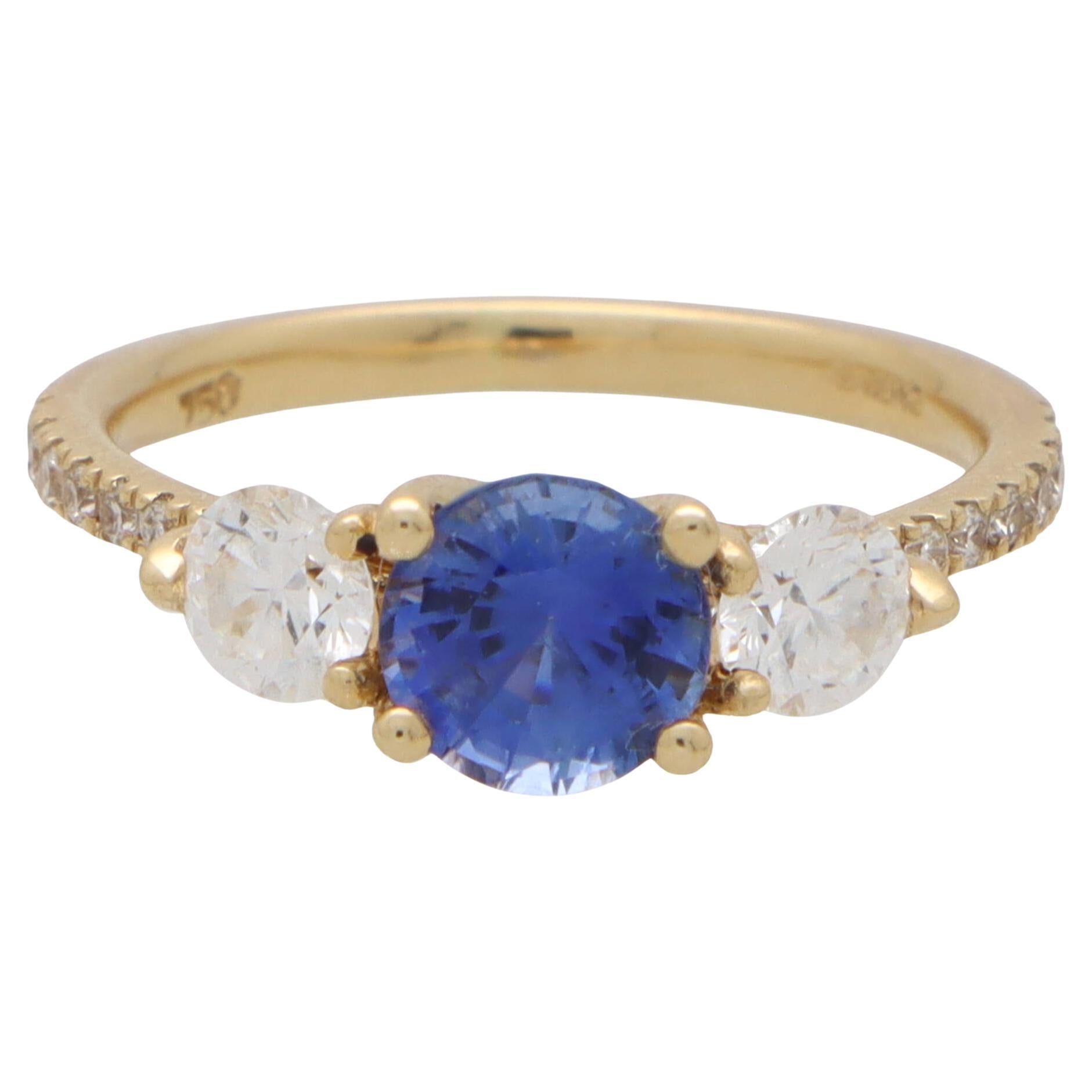 GIA Certified Diamond and Sapphire Ring With Diamond Shoulders in Yellow Gold