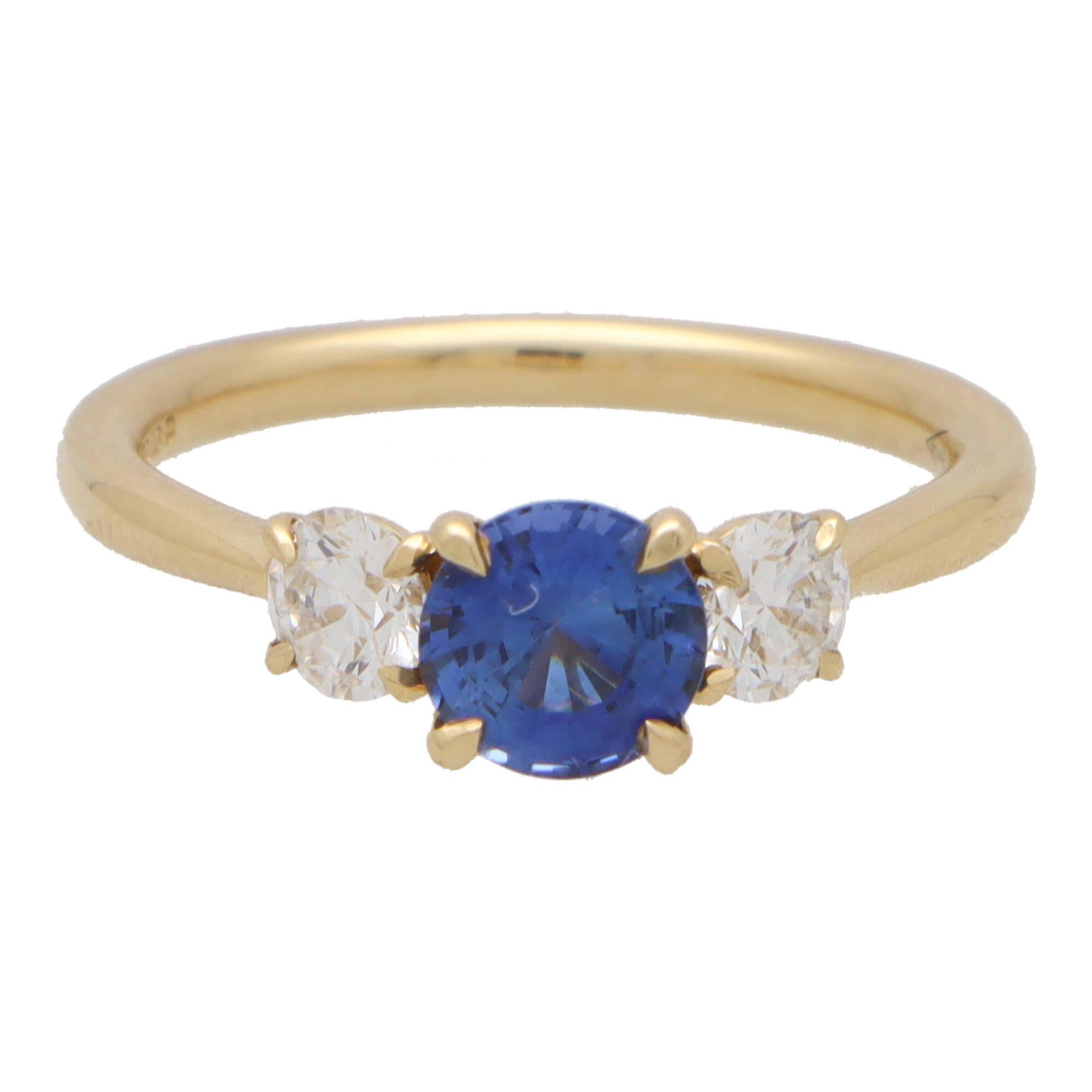 Modern GIA Certified Diamond and Sapphire Three Stone Ring in 18k Yellow Gold For Sale