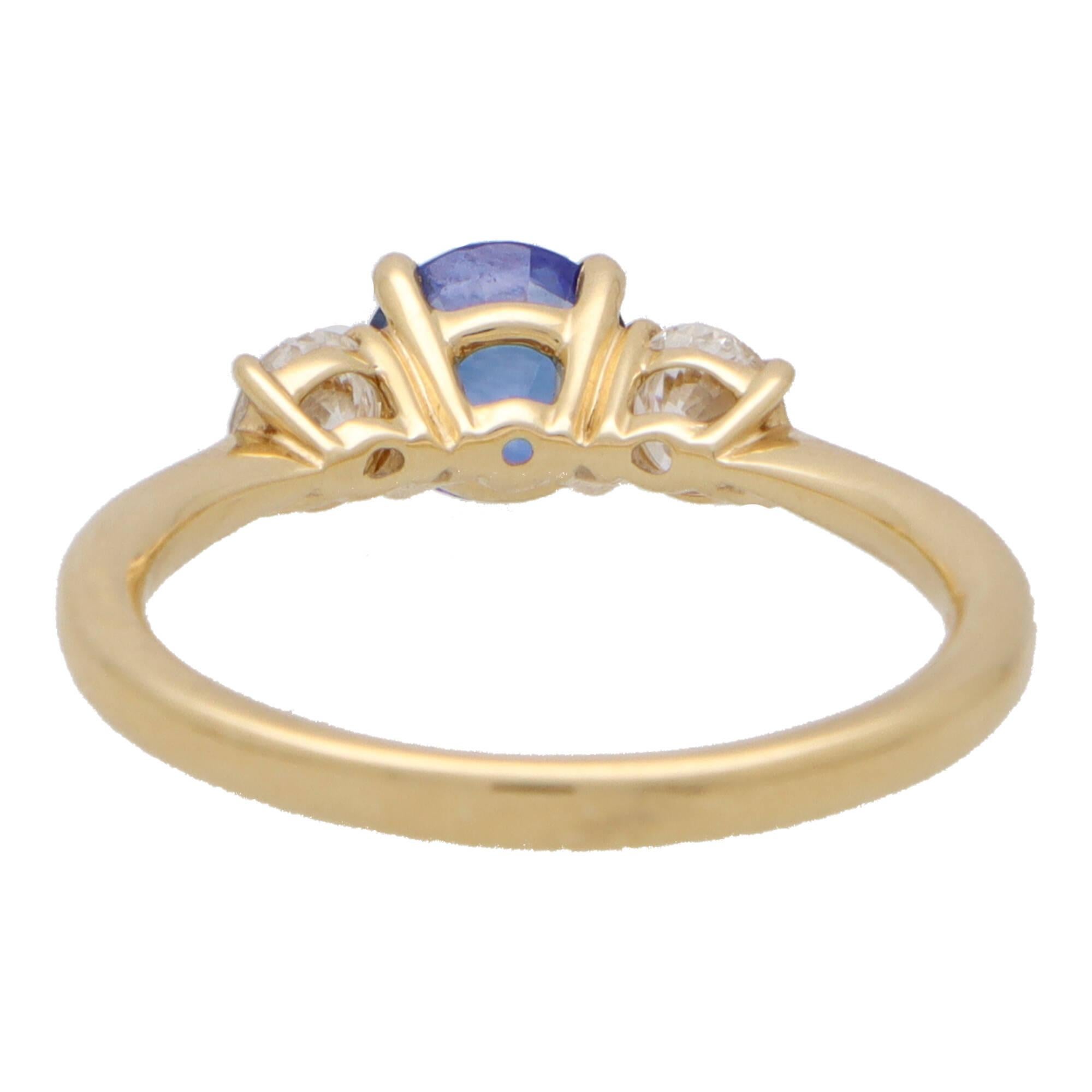 Women's or Men's GIA Certified Diamond and Sapphire Three Stone Ring in 18k Yellow Gold For Sale