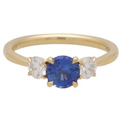 GIA Certified Diamond and Sapphire Three Stone Ring in 18k Yellow Gold