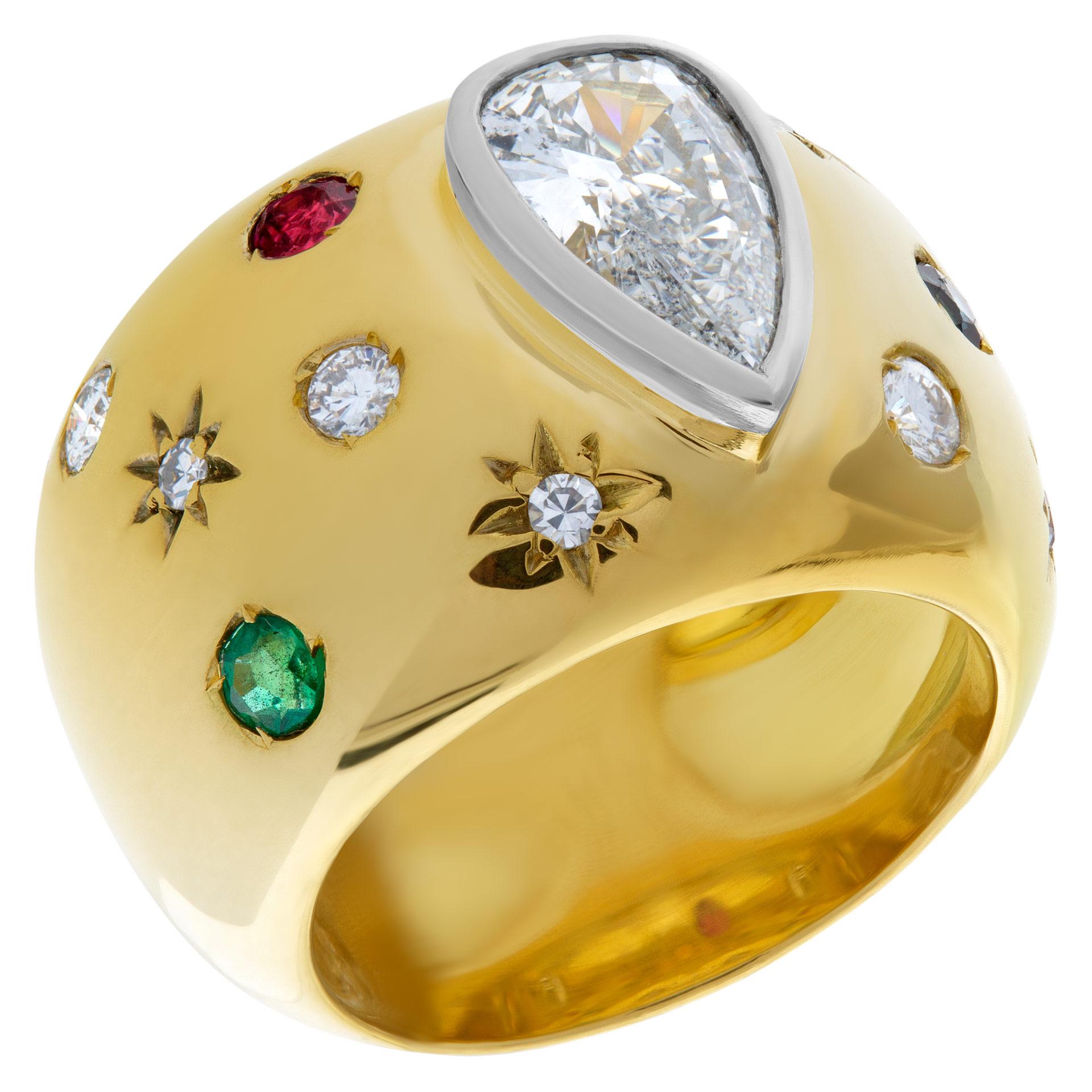 GIA certified pear shape diamond 0.97 carat (H color, SI2 clarity) set in colorful 18k wide setting with diamond, ruby & emerald accents. Size 5.5.  Ring width: 15.5mm. This GIA certified ring weighs 14.1 pennyweights and is 18k.
