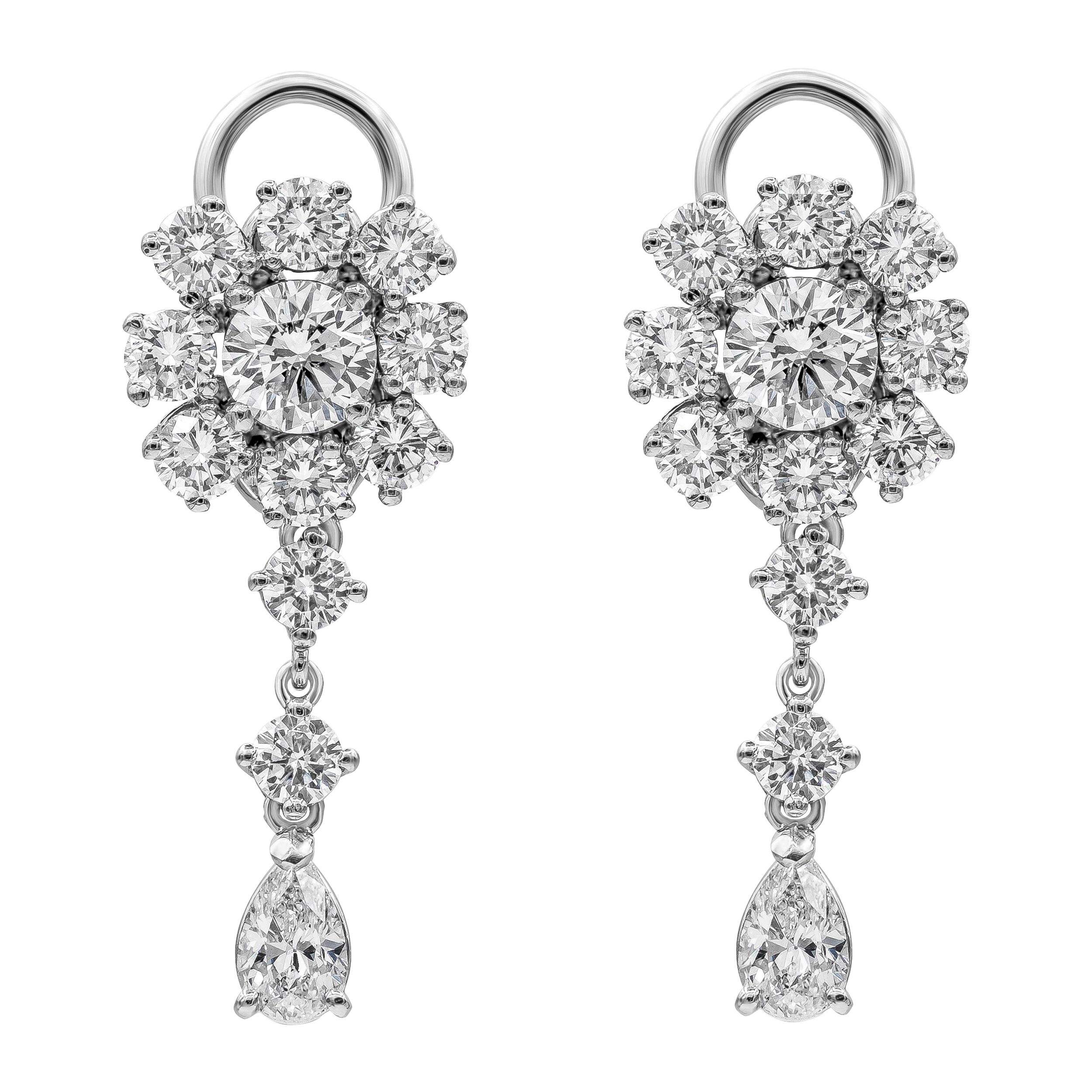 GIA Certified 5.96 Carats Total Round & Pear Cut Diamond Cluster Dangle Earrings