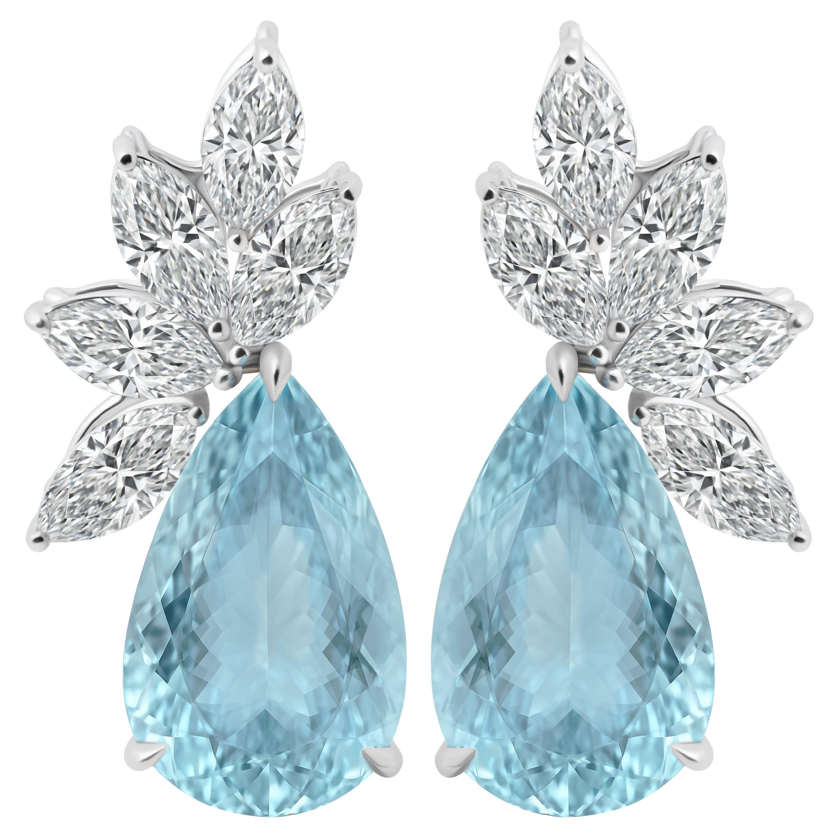 GIA Certified Diamond Cluster Earrings with Aquamarine Pear Shape