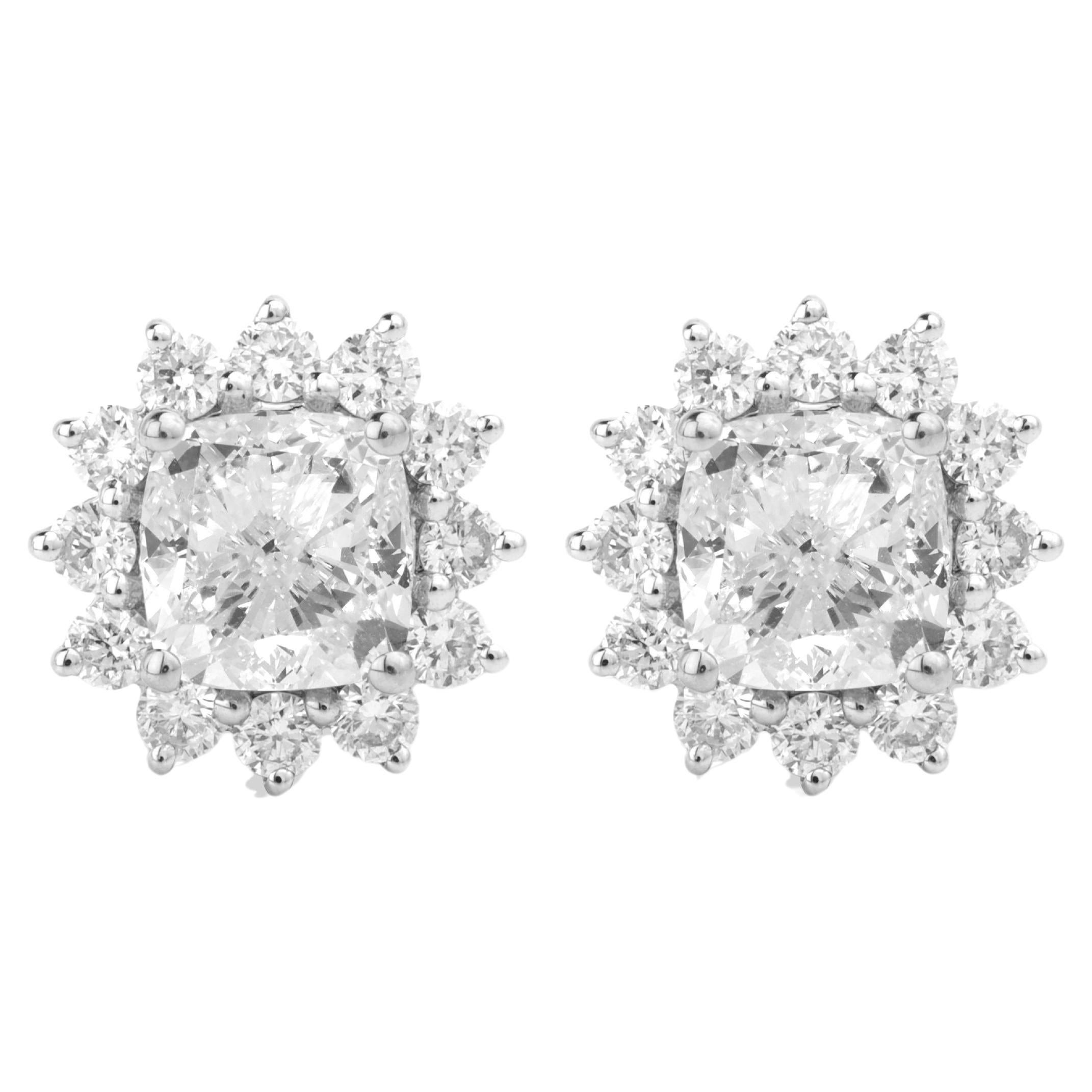 GIA Certified G VS Diamond Cushion 1 carat Each Halo Earrings, 18k White gold For Sale