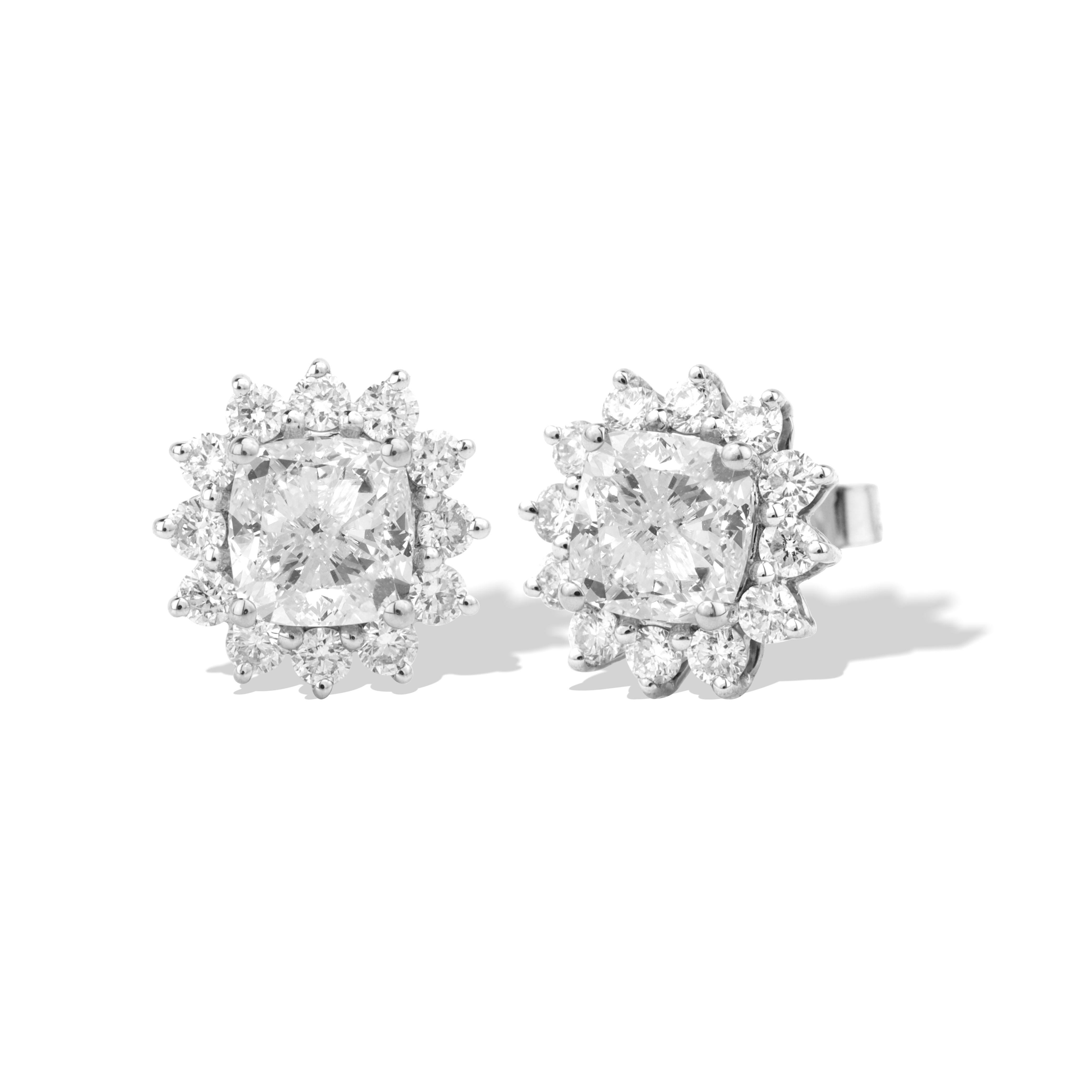 Art Deco GIA Certified G VVS Diamond Cushion 1 carat Each Halo Stud Earrings 18k gold For Sale