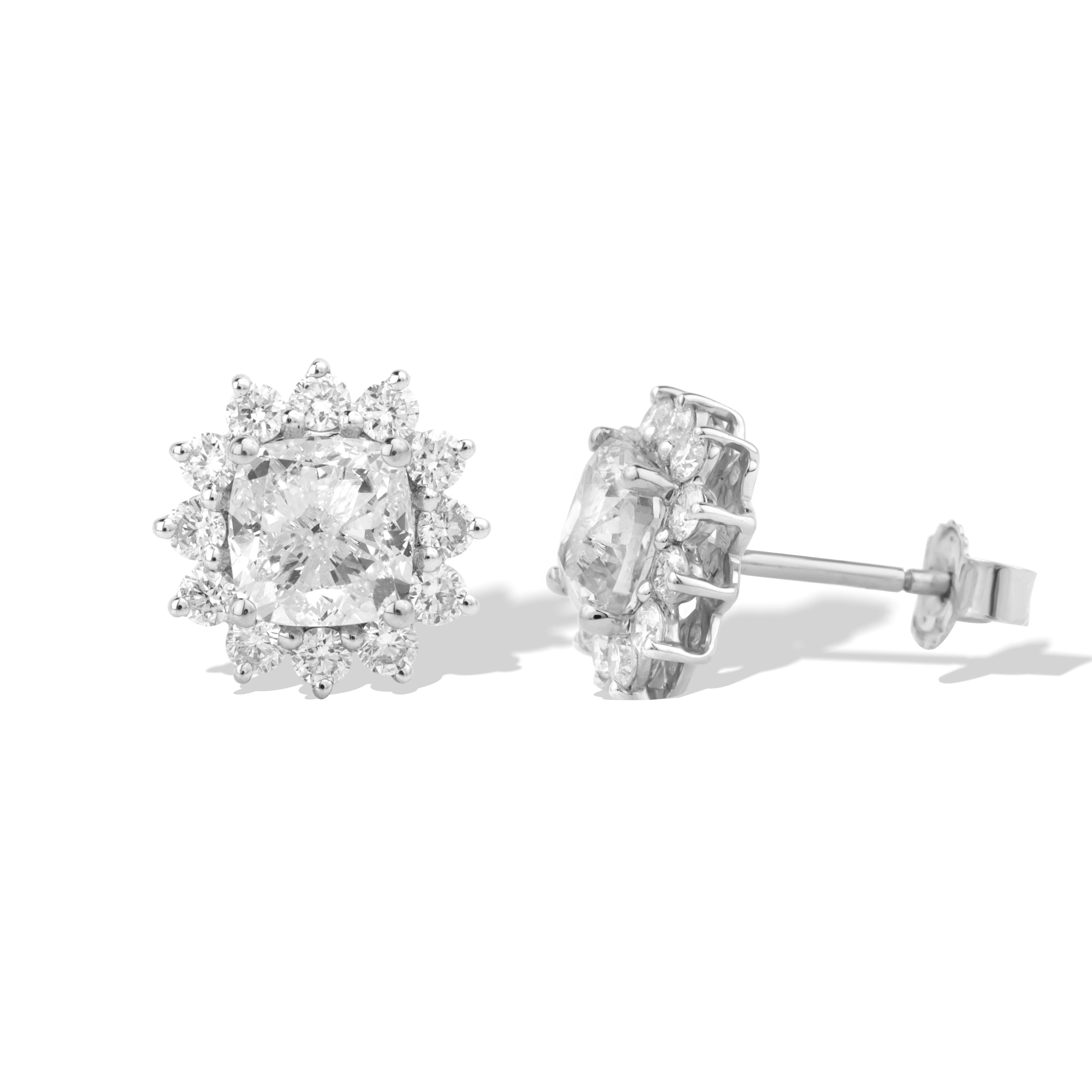 Cushion Cut GIA Certified G VVS Diamond Cushion 1 carat Each Halo Stud Earrings 18k gold For Sale