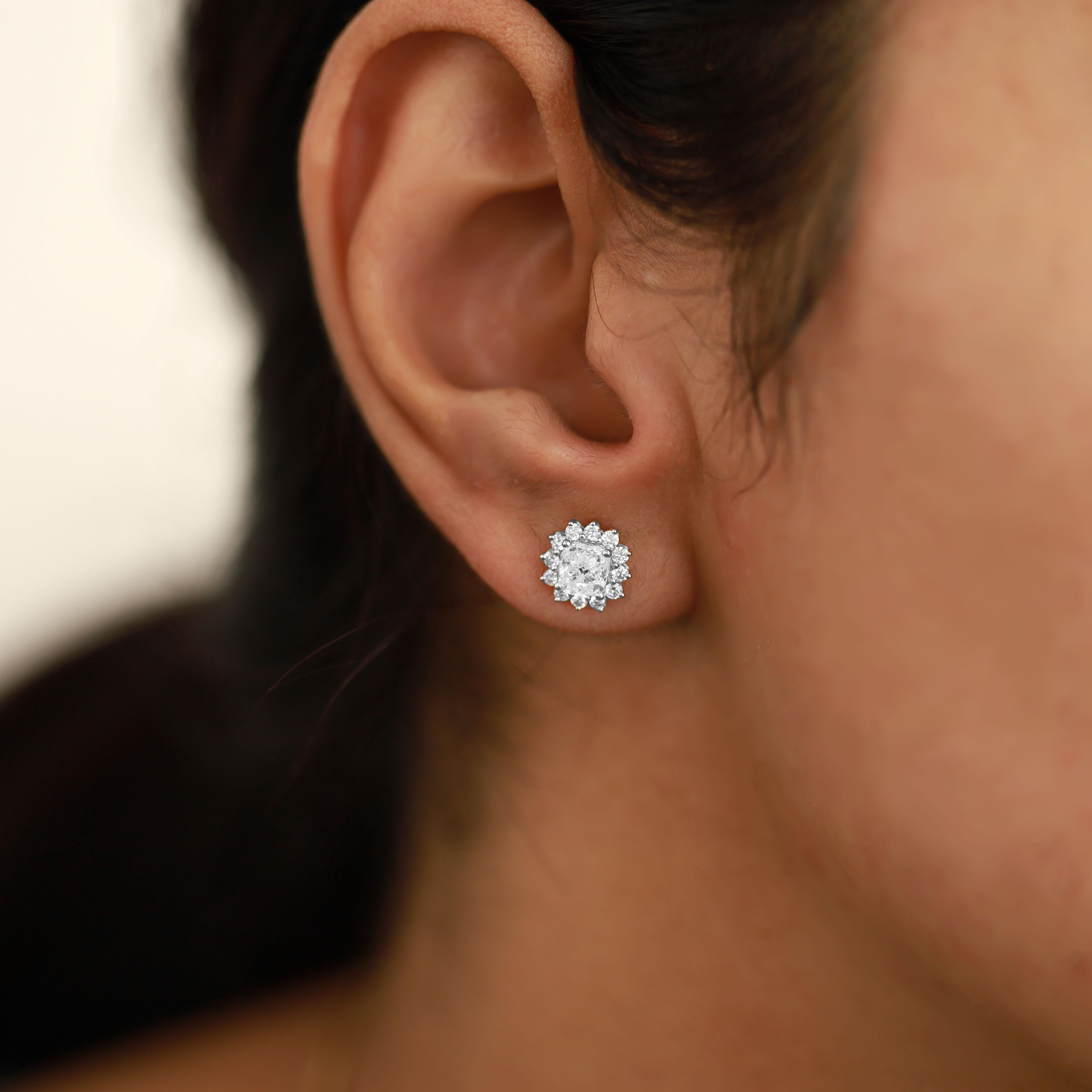 GIA Certified G VVS Diamond Cushion 1 carat Each Halo Stud Earrings 18k gold In New Condition For Sale In Jaipur, RJ