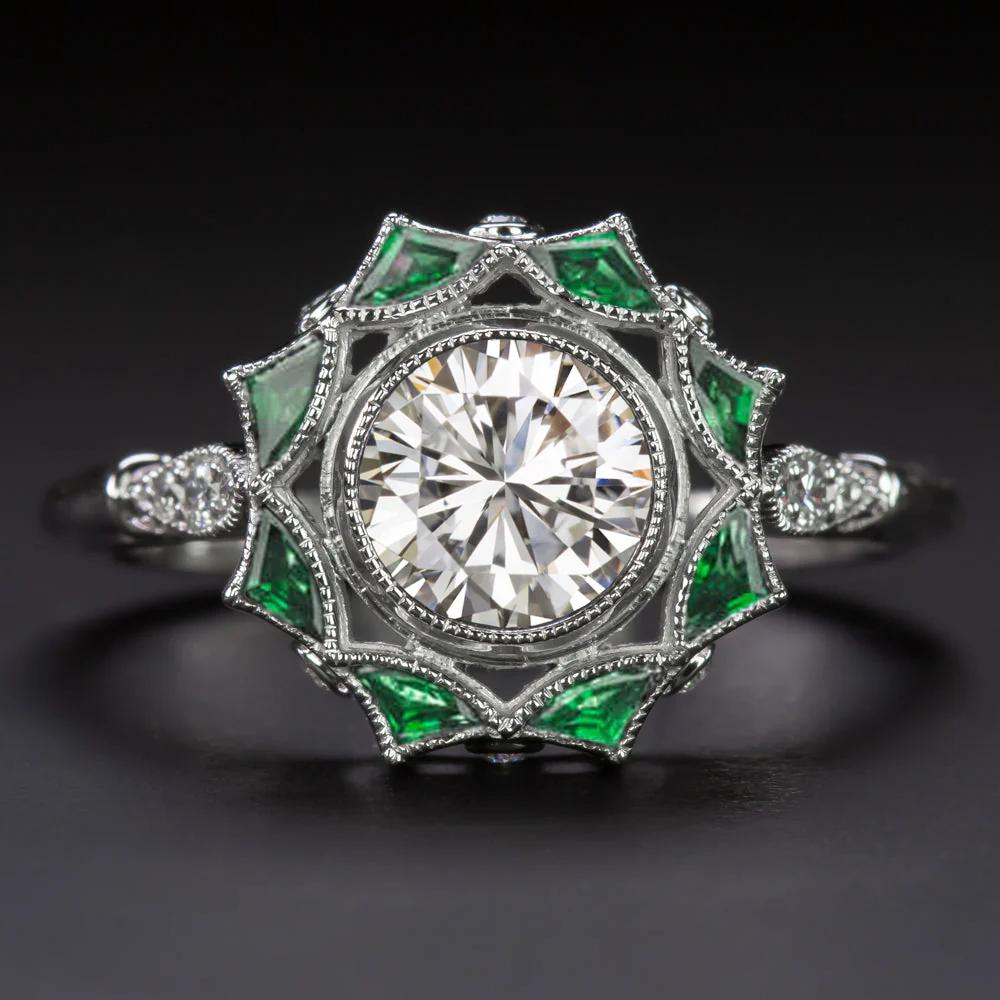 GIA Certified Diamond & Emerald Fan Halo Ring in 14K White Gold Art Deco Style