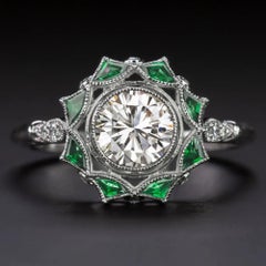 GIA Certified Diamond & Emerald Fan Halo Ring in 14K White Gold Art Deco Style