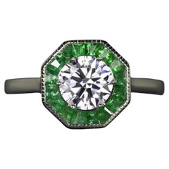 Anillo Esmeralda Diamante Certificado GIA Estilo Vintage Oro Blanco 14K Halo Octagonal