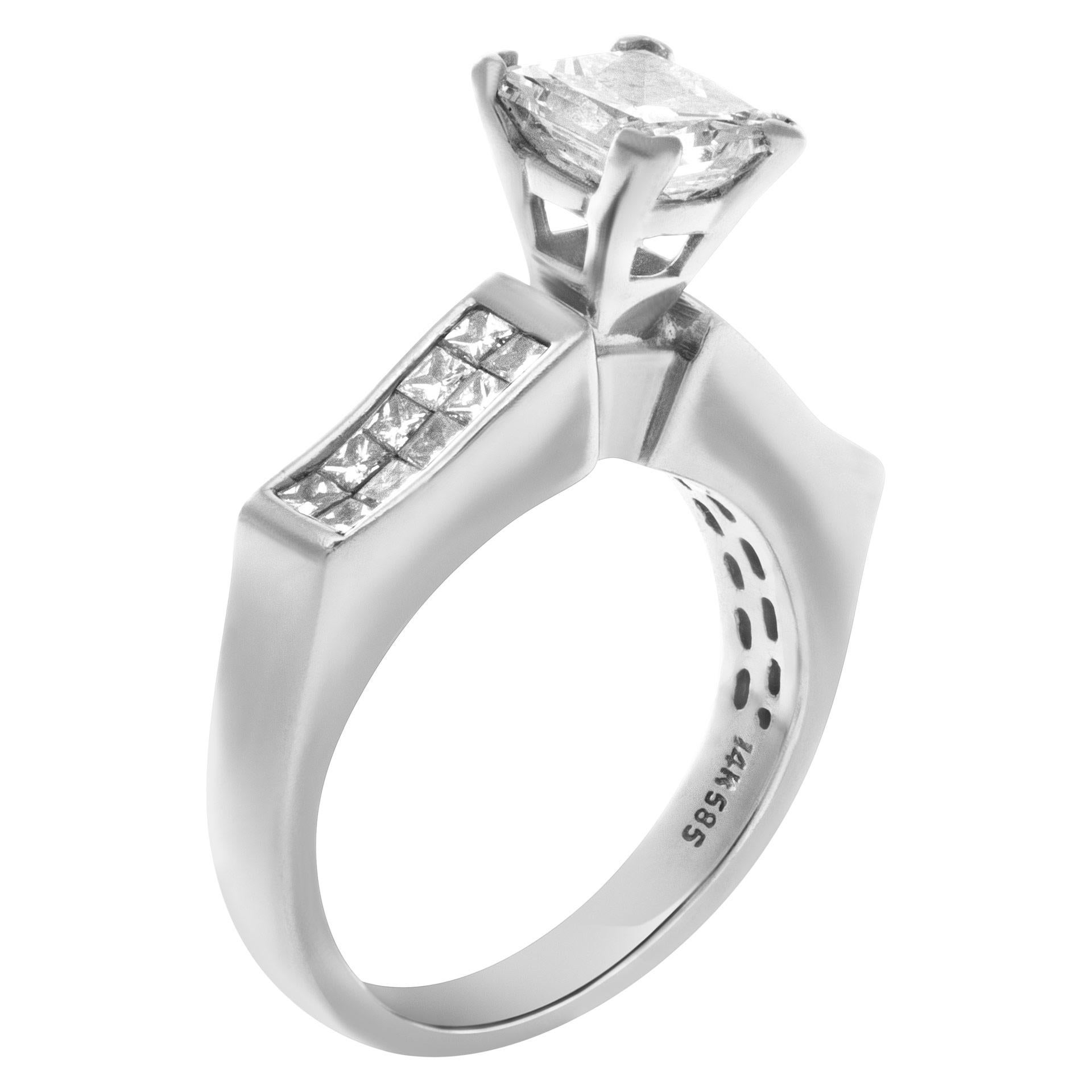 GIA certified diamond engagement ring with 1.01cts rectangular diamond F color SI2 clarity and appr.0.70cts in side princess cut diamond accents in 14k white gold. This GIA certified ring is currently size 3.75 and some items can be sized up or