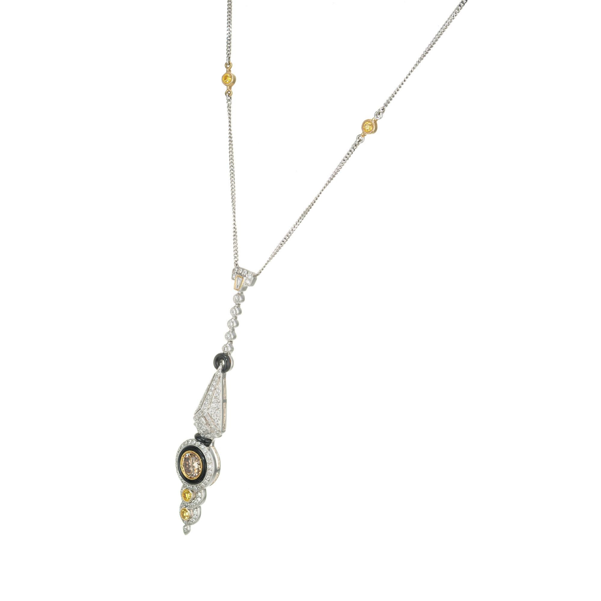 GIA-zertifizierte Diamant-Onyx-Weißgold-Halskette mit Anhänger (Rundschliff) im Angebot