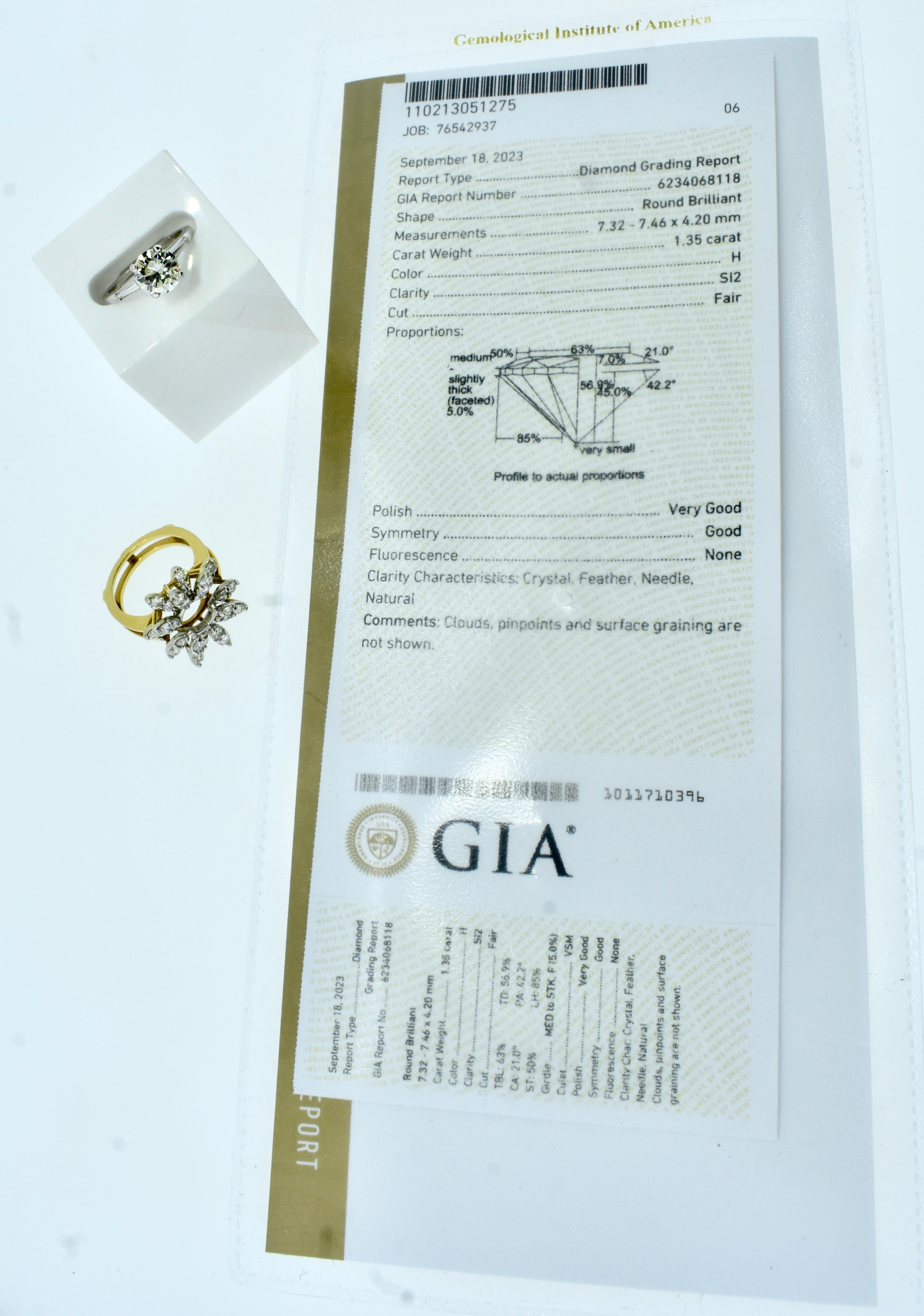 GIA-zertifizierter Diamantring.  Der runde Diamant im Brillantschliff wiegt genau 1,35 Karat.  Das Gemological Institute of America hat diesen Diamanten im September 2023 als nahezu farblos, H, und leicht eingeschlossen bis zum zweiten Grad (SI2)