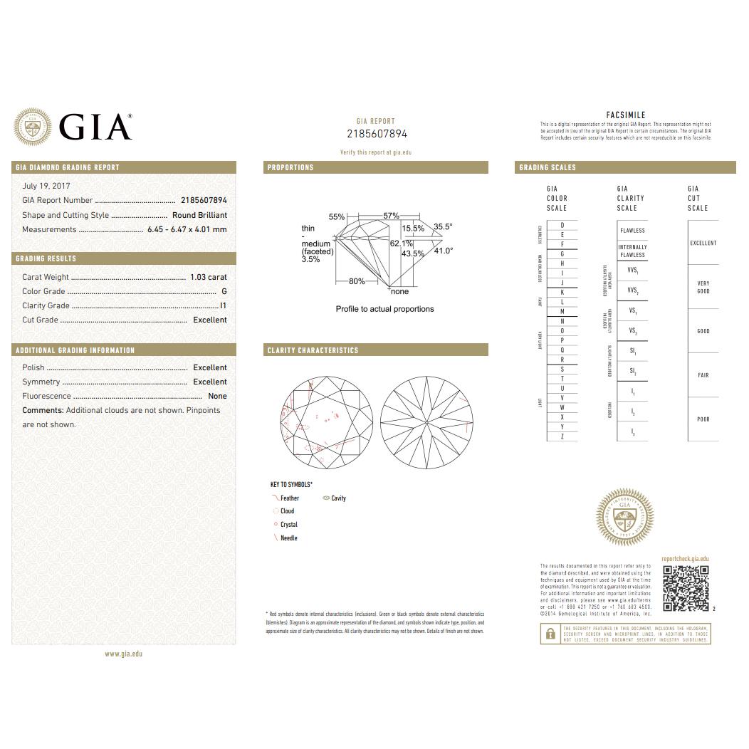 GIA Certified Diamond Stud Earring in 14 Karat White Gold G - I1 2.06 Carat In New Condition In New York, NY