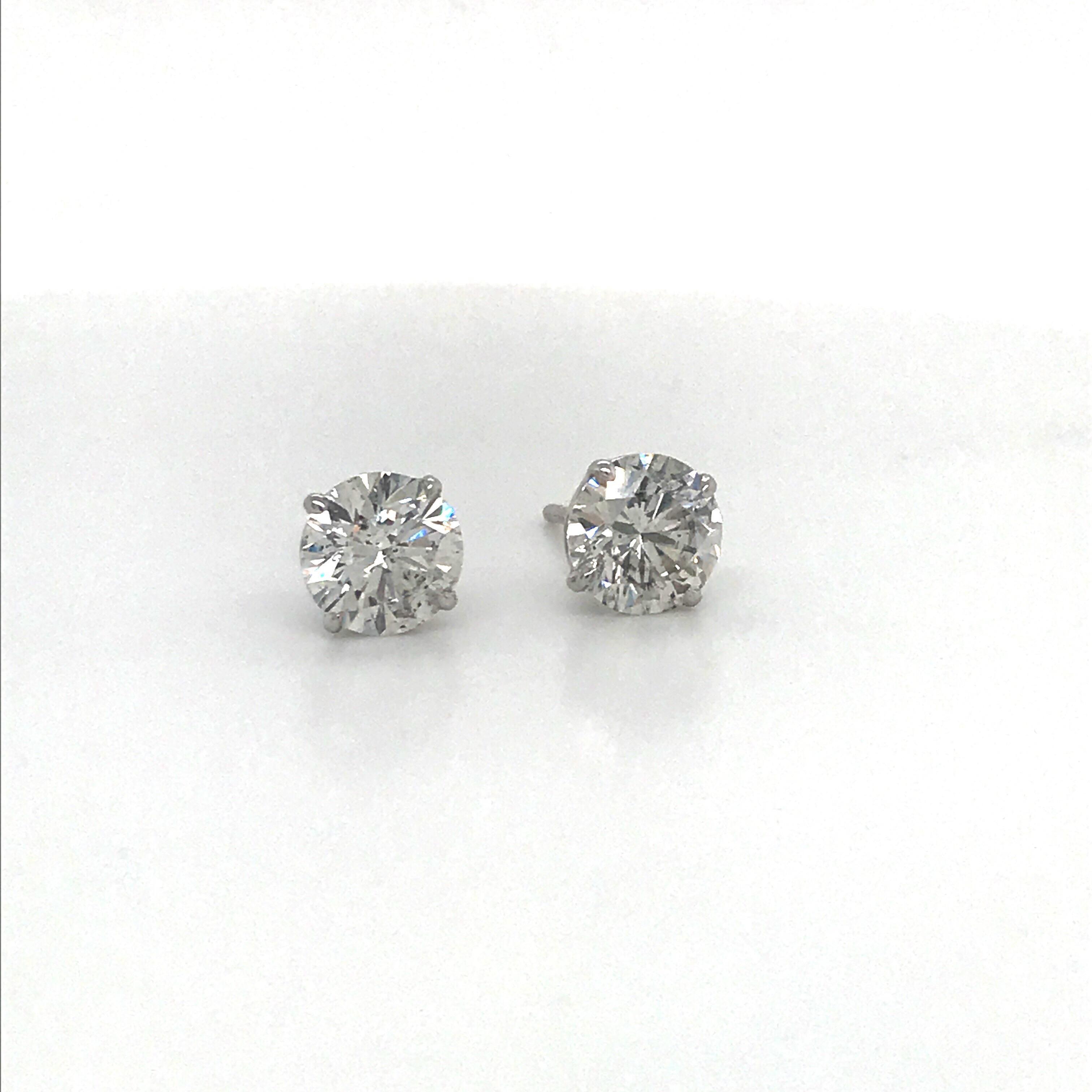 Round Cut GIA Certified Diamond Stud Earrings 3.08 Carat I-J I1 18 Karat White Gold