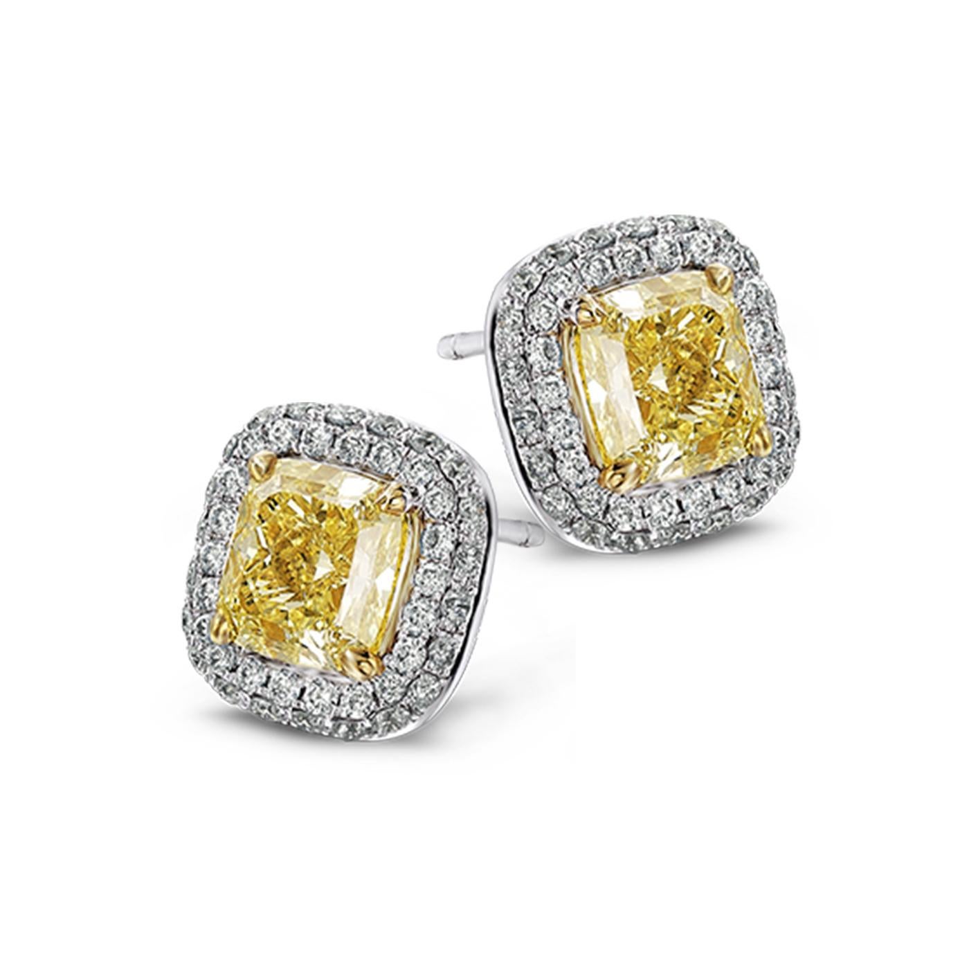 Modern GIA Certified Diamond Studs 2.00 Carat VS, Canary Yellow, Cushion Cut, Halo 1 Ct For Sale