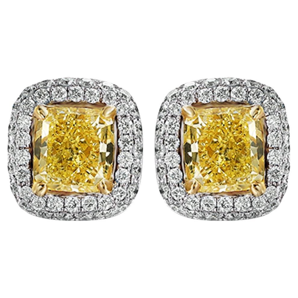 GIA Certified Diamond Studs 2.00 Carat VS, Canary Yellow, Cushion Cut, Halo 1 Ct For Sale