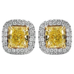 Clous de diamants certifiés GIA de 2,00 carats VS, jaune canari, taille coussin, halo 1 carat