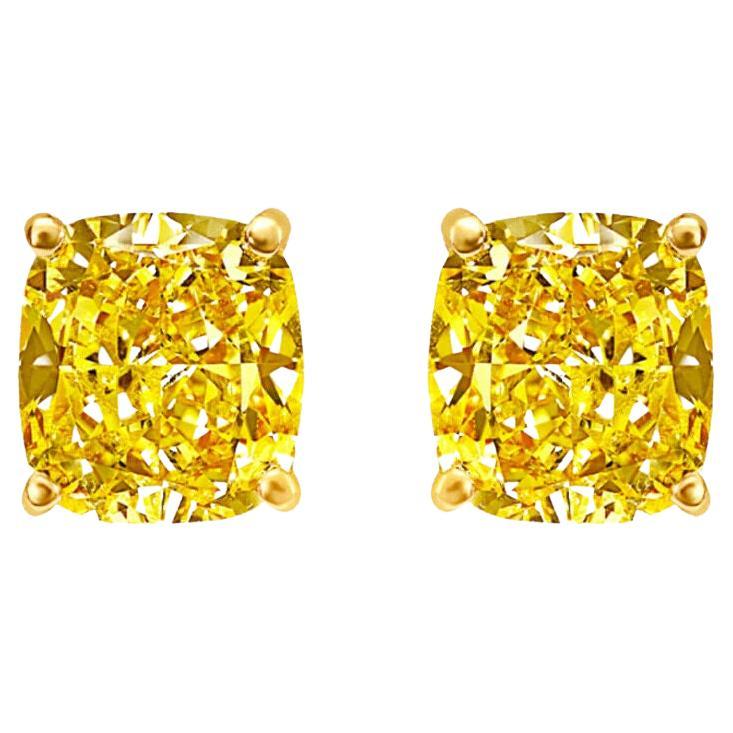 GIA Certified Diamond Studs 2.00 Carat VS, Fancy Intense Yellow, Cushion Cut For Sale