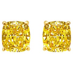 Used GIA Certified Diamond Studs 2.00 Carat VS, Fancy Intense Yellow, Cushion Cut