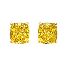 GIA Certified Diamond Studs 4.00 Carat VVS, Fancy Intense Yellow, Cushion Cut