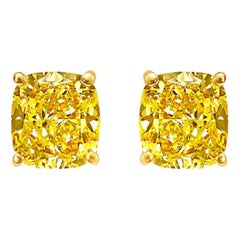 GIA Certified Diamond Studs 4.00 Carat VVS, Fancy Intense Yellow, Cushion Cut