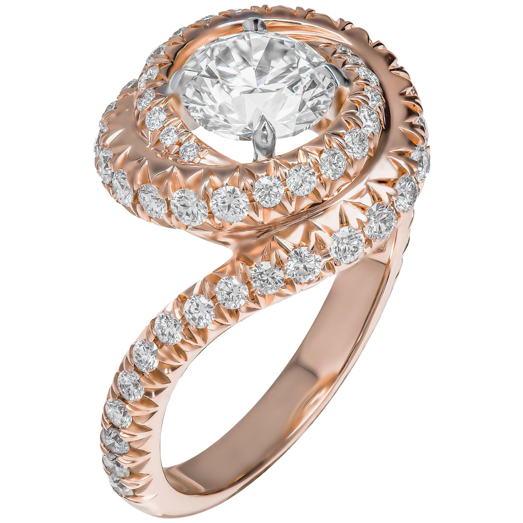 GIA Certified Diamond Swirl Cocktail Ring with 1.30 Carat Round Diamond For Sale