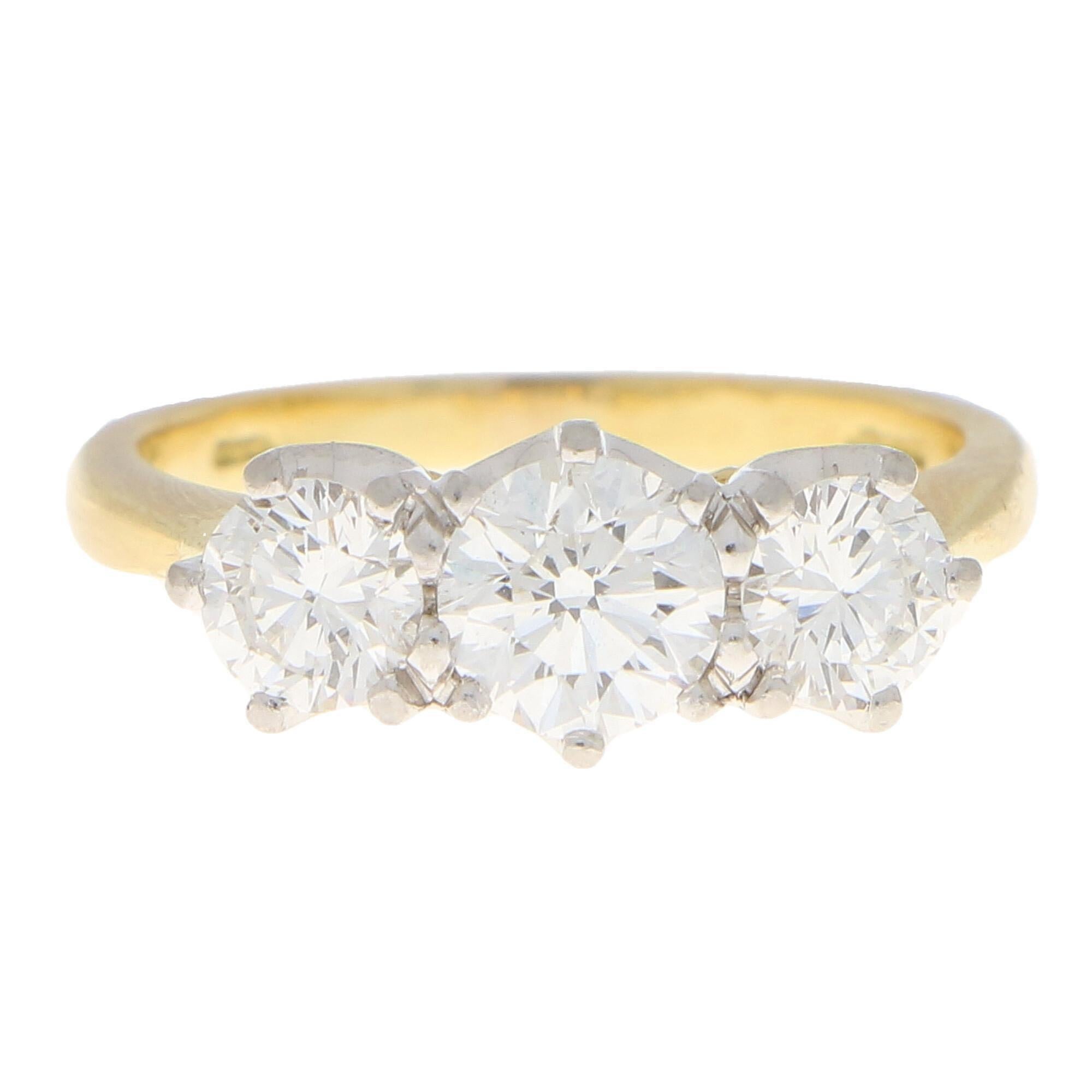 GIA Certified Diamond Three-Stone Engagement Ring Set in 18 Karat Yellow Gold For Sale 3