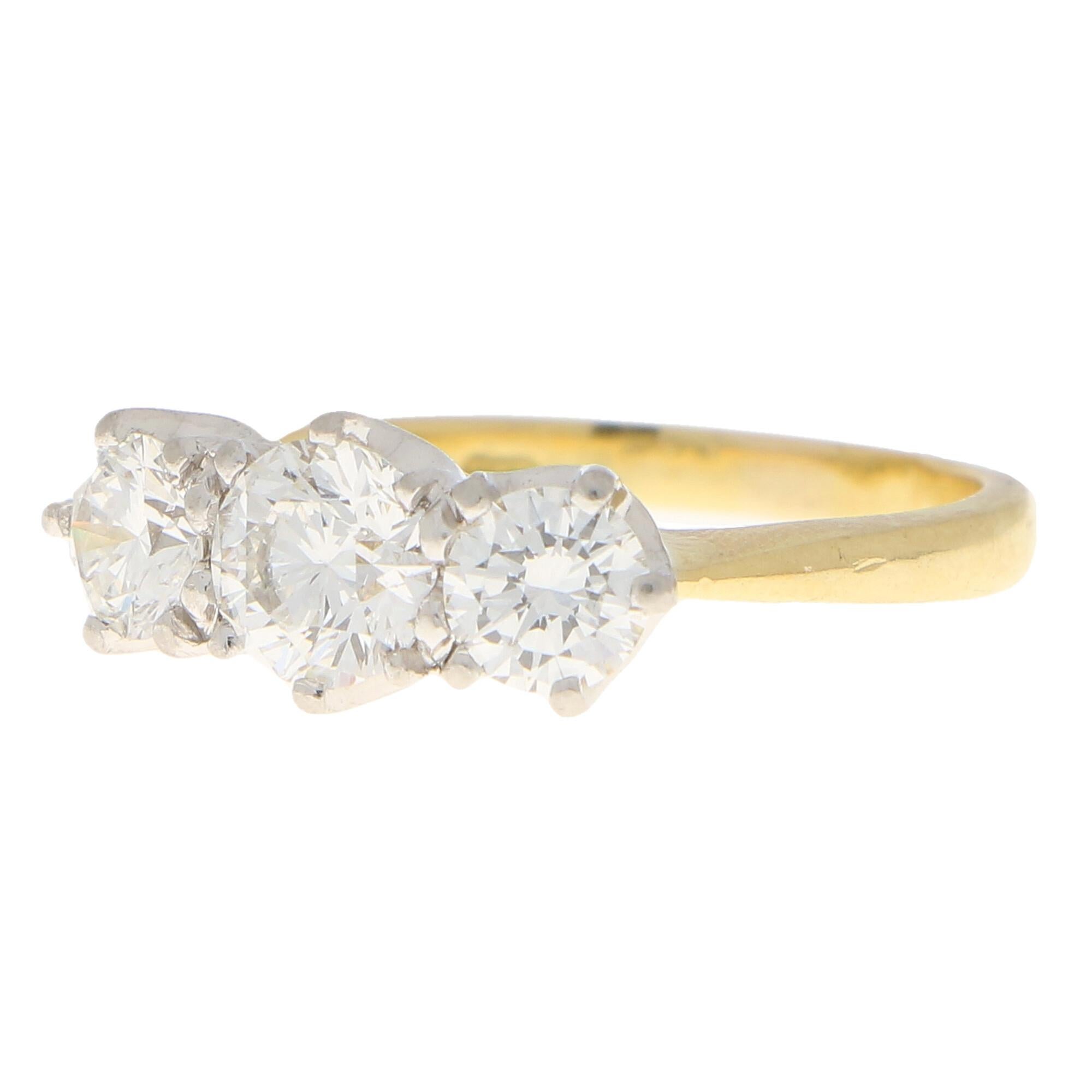 GIA Certified Diamond Three-Stone Engagement Ring Set in 18 Karat Yellow Gold For Sale 2