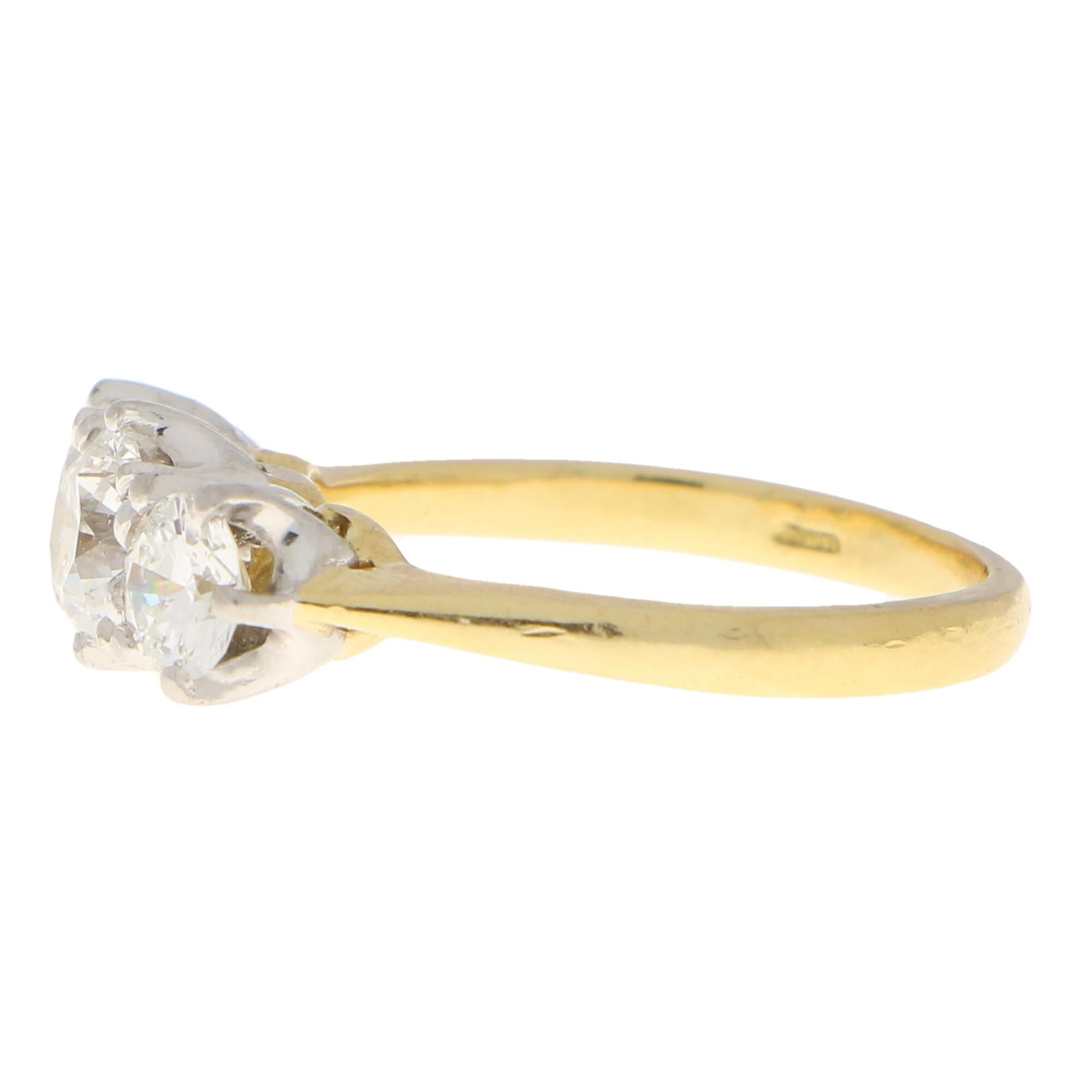 Modern GIA Certified Diamond Three-Stone Engagement Ring Set in 18 Karat Yellow Gold For Sale