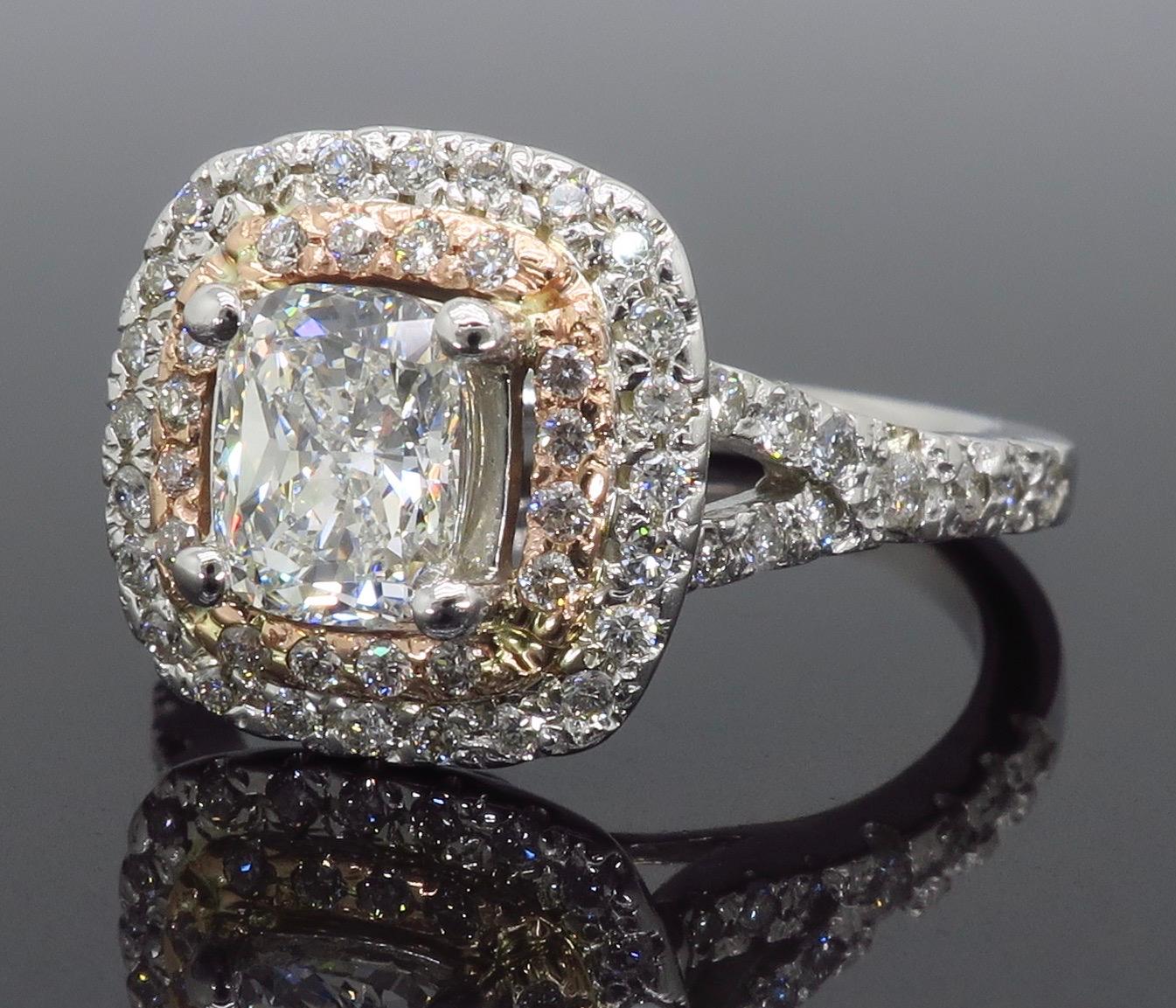 GIA Certified Double Halo Diamond Engagement Ring In Excellent Condition In Webster, NY