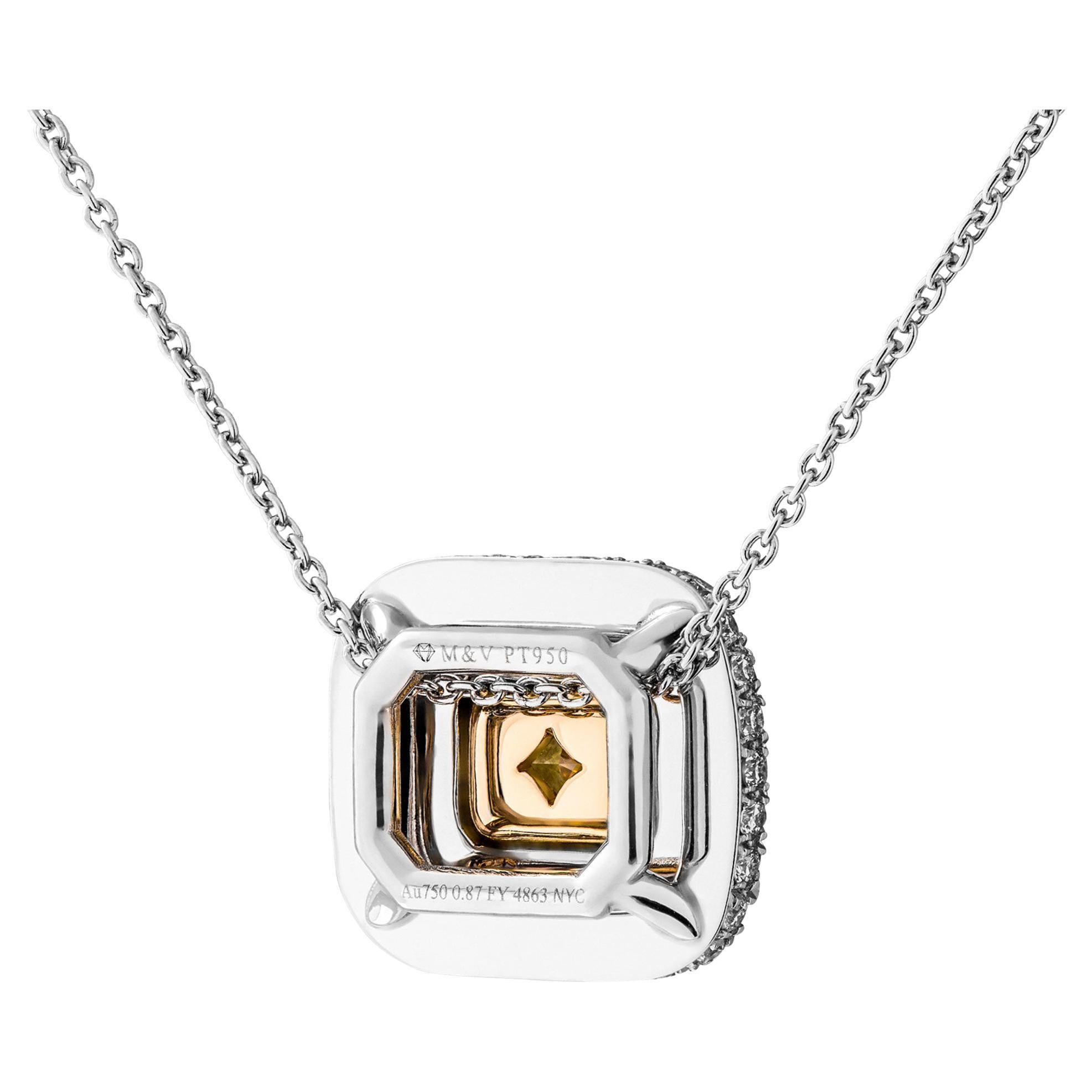 Double Halo Radiant Shaped Diamond Pendant 
This pendant features a 0.87ct Natural Fancy Yellow Even VS1 Radiant Shape GIA#5212856096 and is accented with 80 round brilliant cut diamonds totaling 0.47ct. 
The setting is made from Platinum & 18K