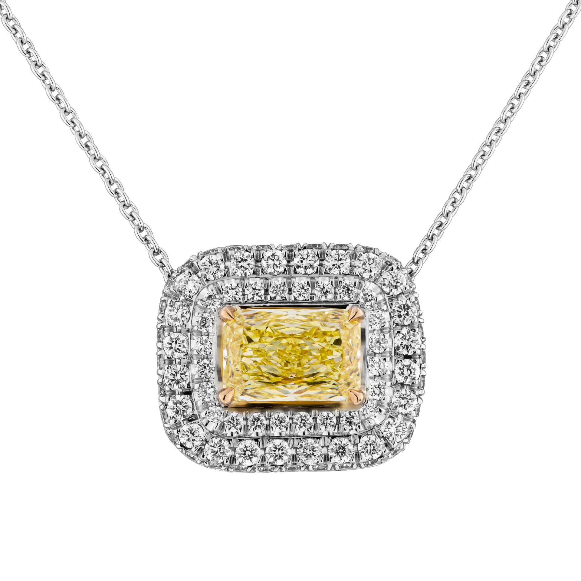 Modern GIA Certified Double Halo Radiant Shaped Diamond Pendant in Platinum 0.87 Carat For Sale
