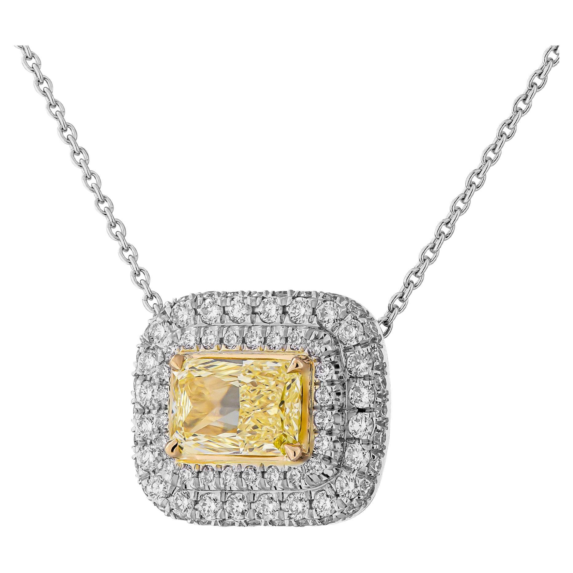 GIA Certified Double Halo Radiant Shaped Diamond Pendant in Platinum 0.87 Carat