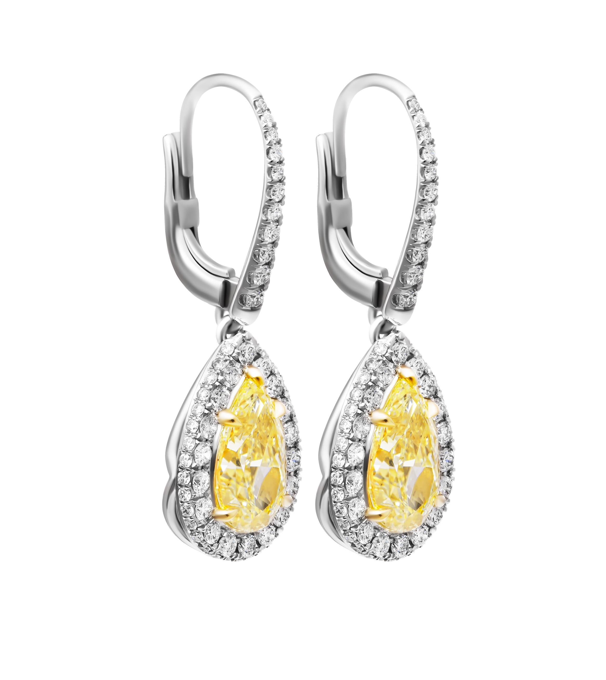 Pear Cut GIA Certified Drop Earrings with Fancy Light Yellow Pear Shape Diamonds For Sale