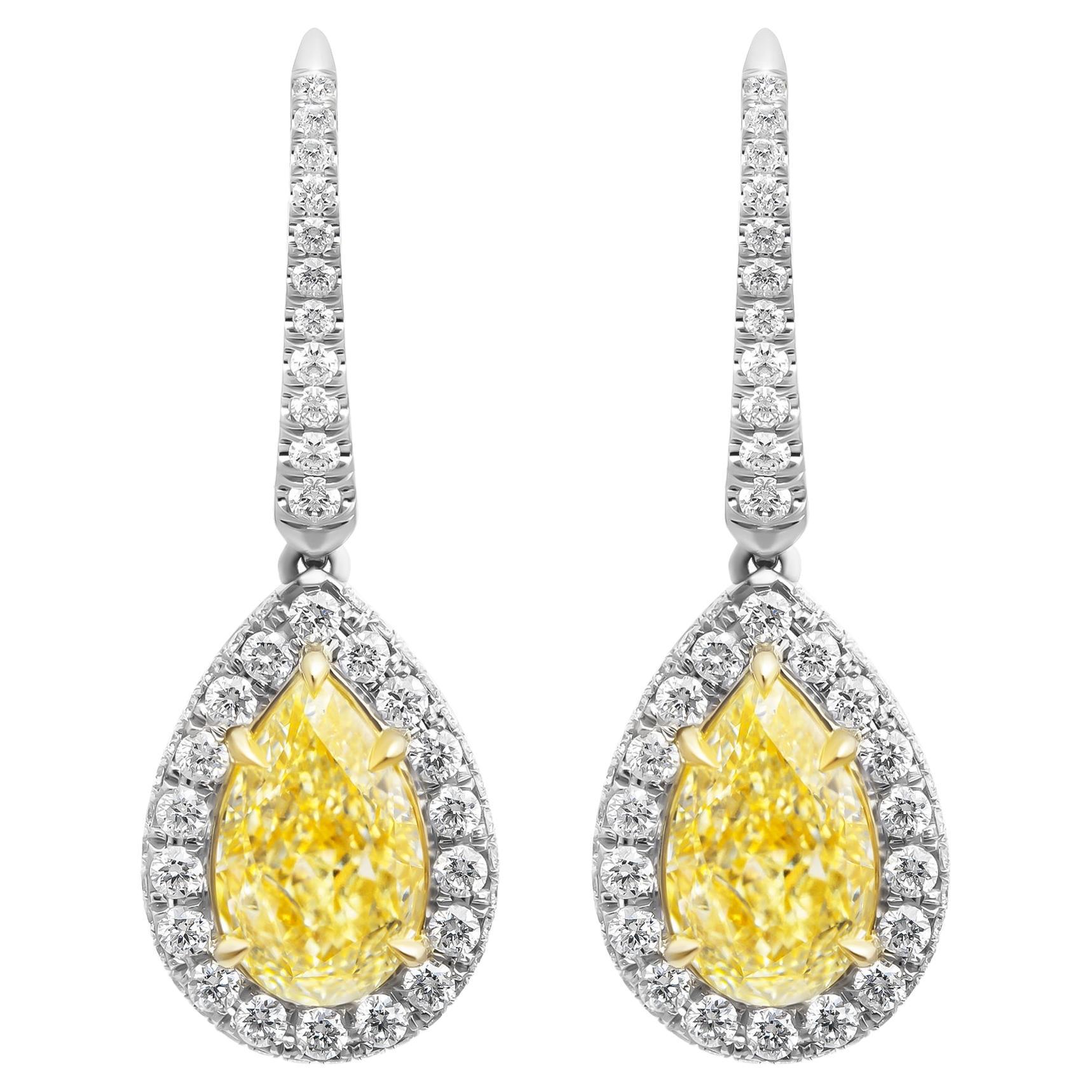 GIA Certified Drop Earrings with Fancy Light Yellow Pear Shape Diamonds