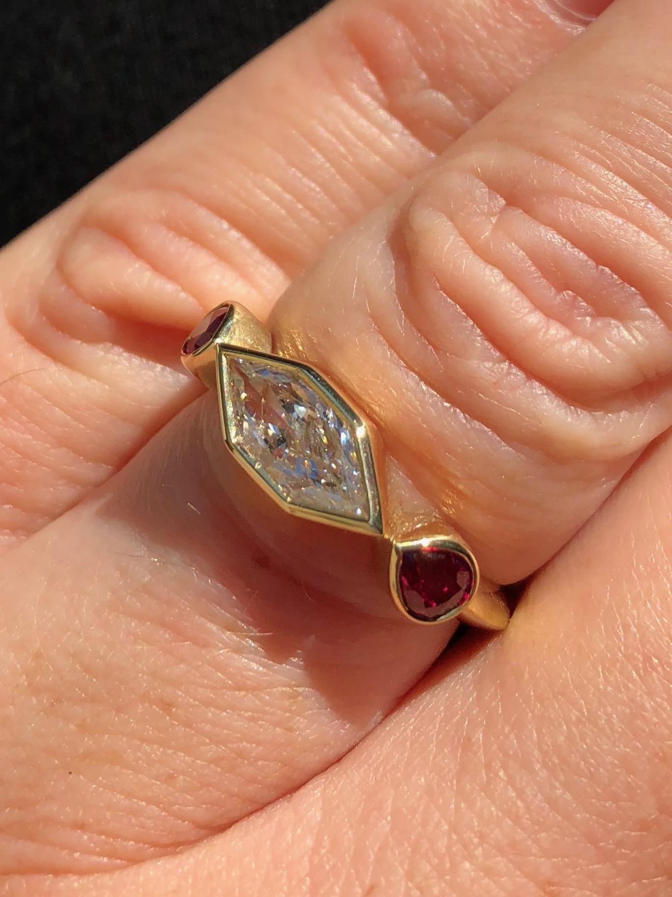 Modern GIA Certified Duchess Cut Diamond and Gemfields Ruby 18 Karat Gold Ring